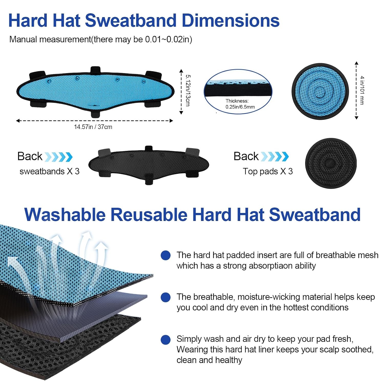 Washable Reusable Hard Hat Top Pads and Sweatbands Safety Helmet Accessories