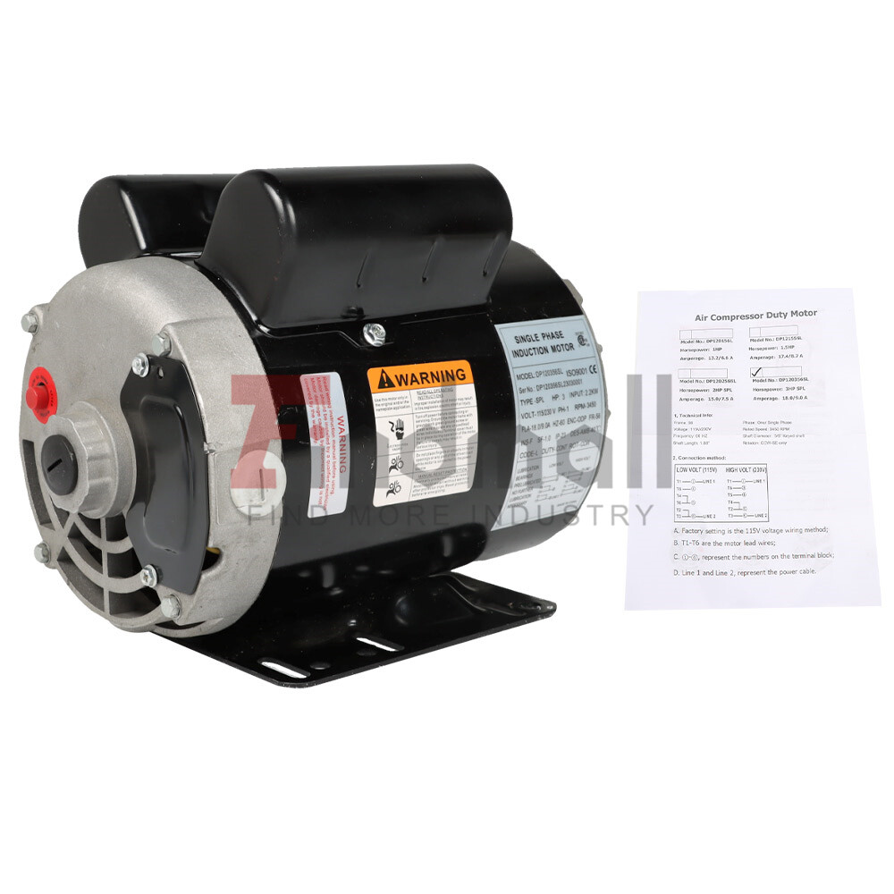 3450 RPM 3 HP SPL Electric Motor Compressor Duty 56 Frame 1 Phase 115/230 Volts
