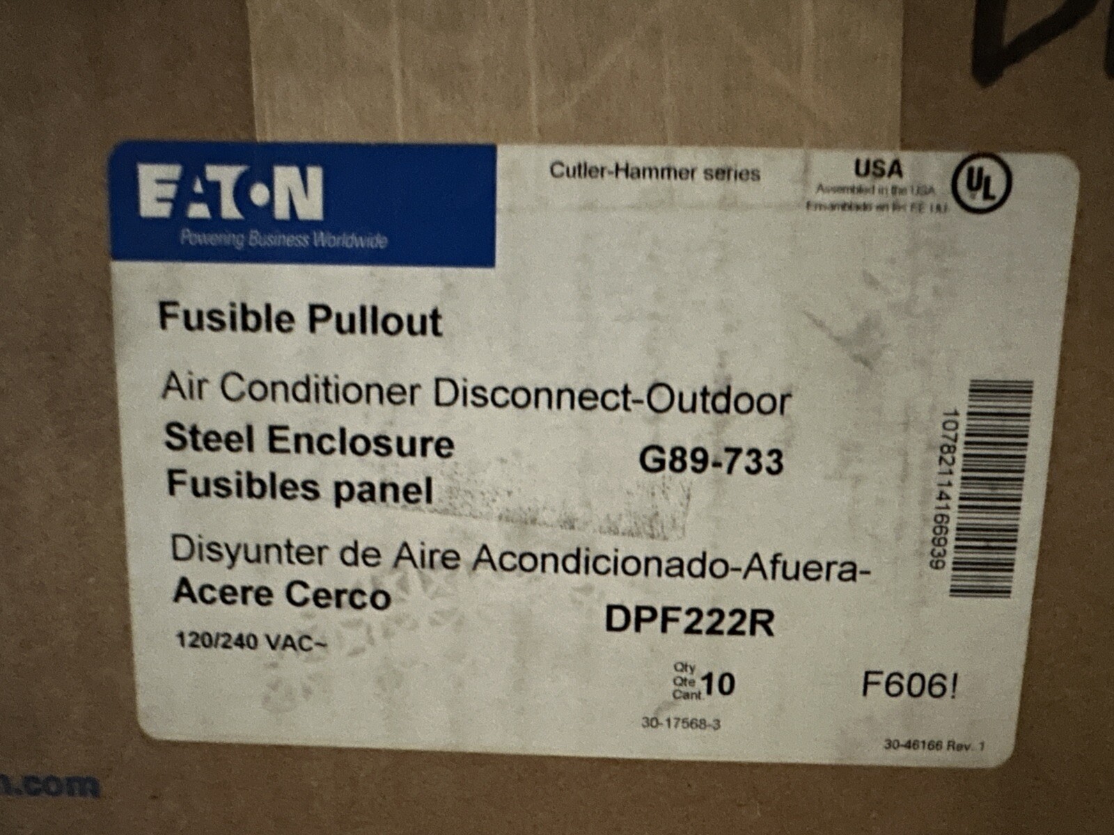 NEW EATON DPF222R AC DISCONNECT 2-POLE FUSIBLE PULL-OUT 120/240V 60 AMP NEMA 3R