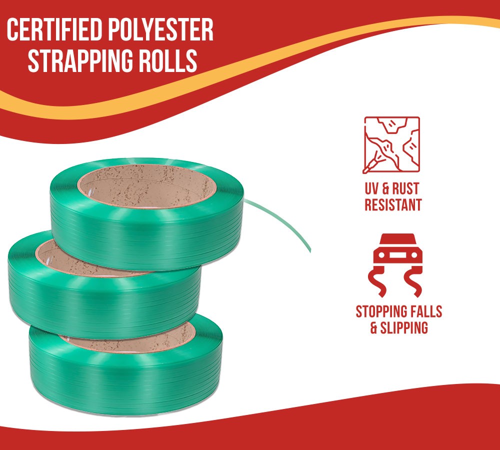 Packaging Strapping Banding Roll – Green Polyester (PET) AAR Grade – 1400lbs BS