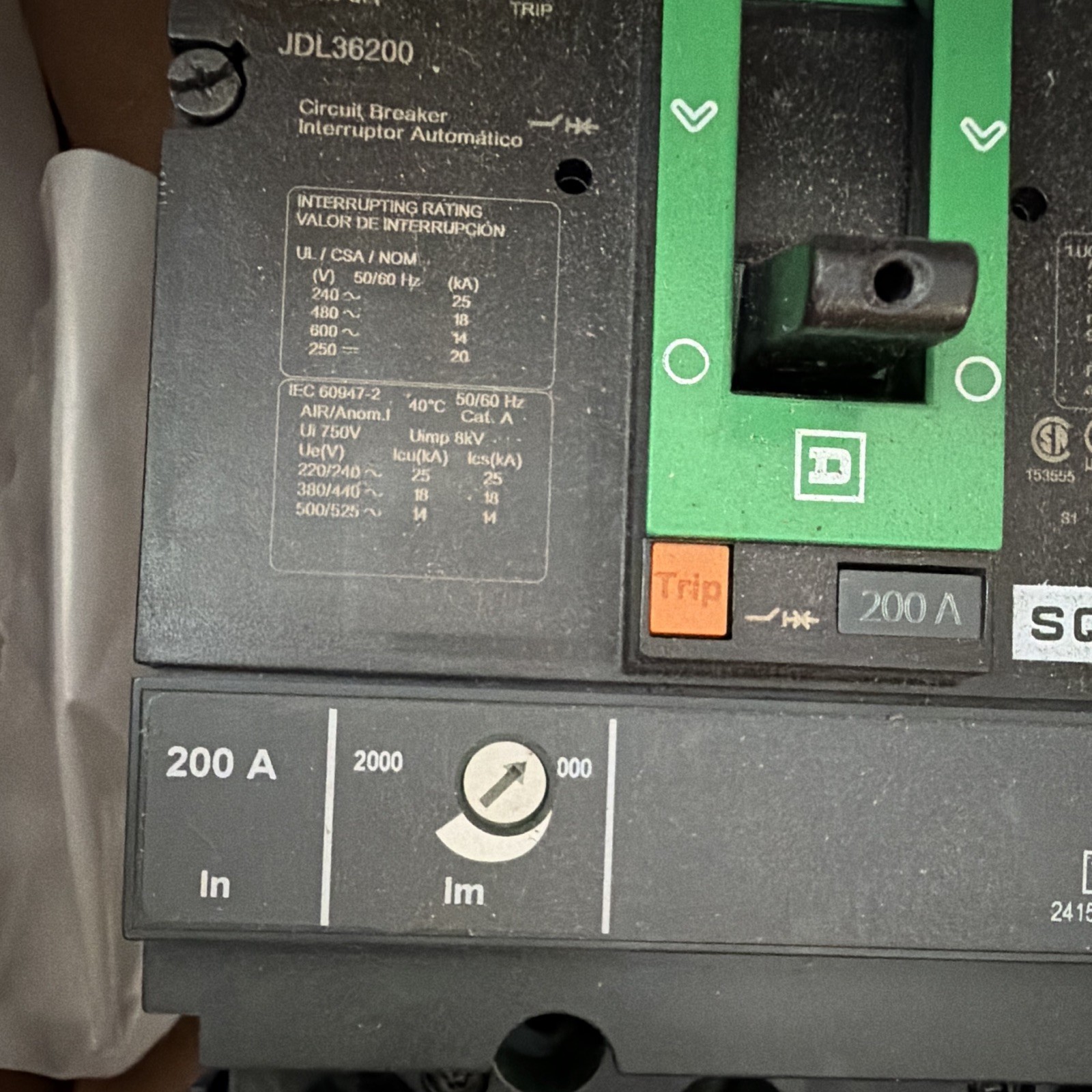 Square D JDL36200 200Amp 600V Circuit Breaker