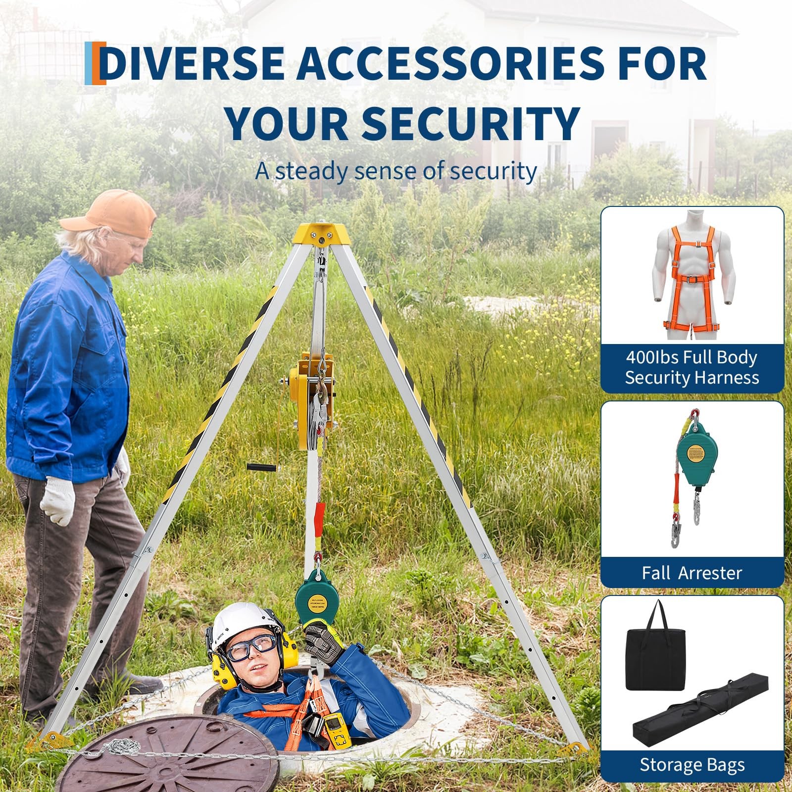 Confined Space Tripod Kit, 2600 Lbs Winch, 8ft Legs & 98ft Cable, Rescue Tripod