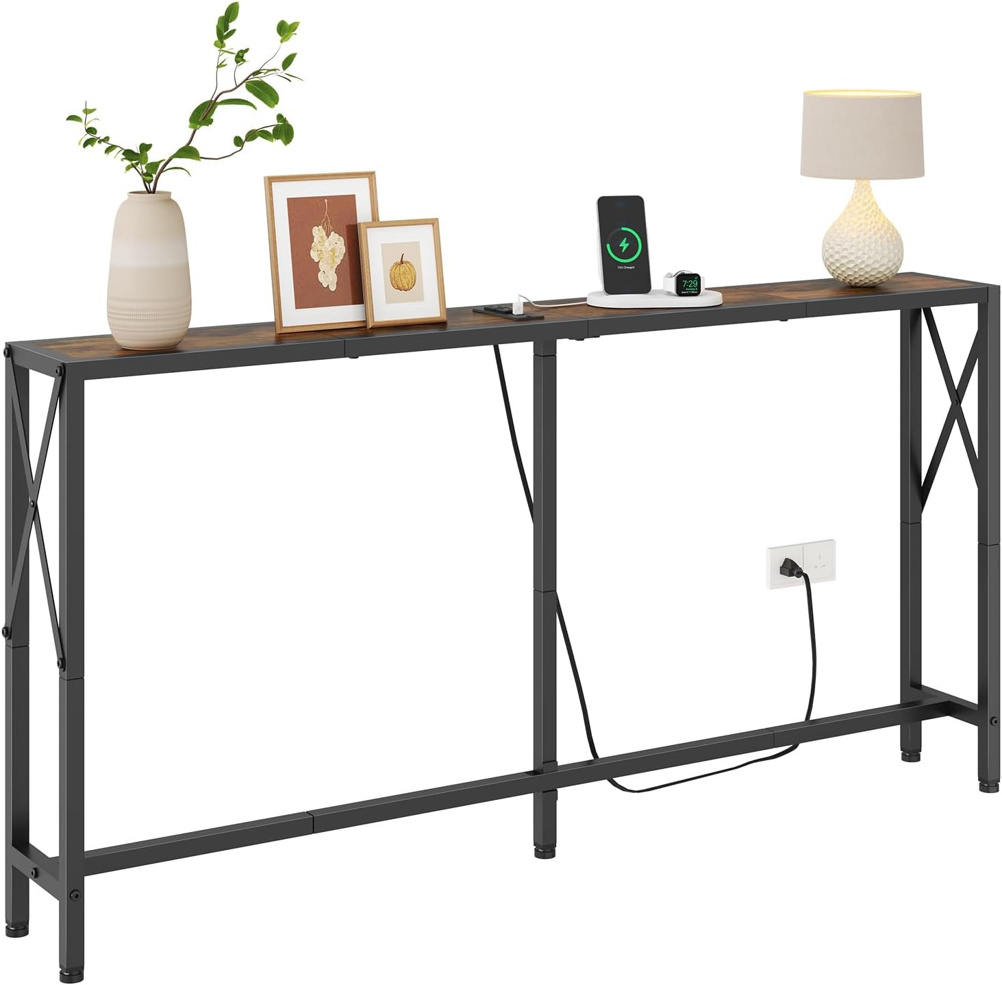 Narrow Console Table – 55.1″ Sofa Table behind Couch with Socket | Industrial St