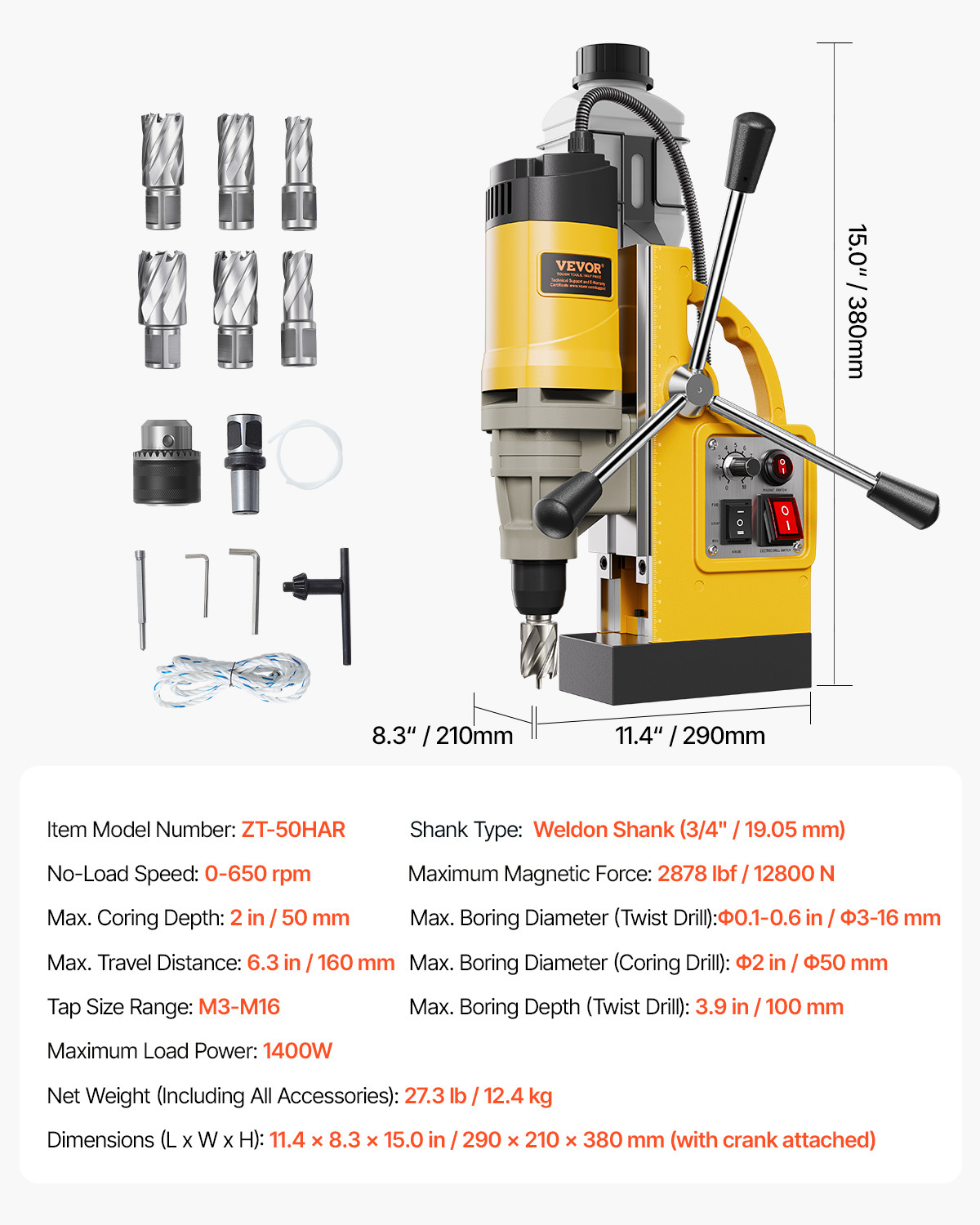 VEVOR Magnetic Drill 1450W 2878 lbf Mag Drill Press 2 in Boring Diameter 6 Bits