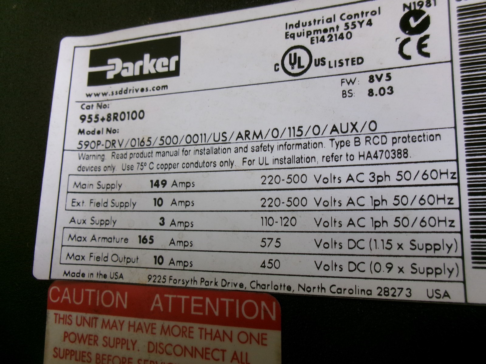 Parker 590P-DRV/0165/500/0011/US/Arm/0/115/0/AUX/0 Drive , 955+8R0100