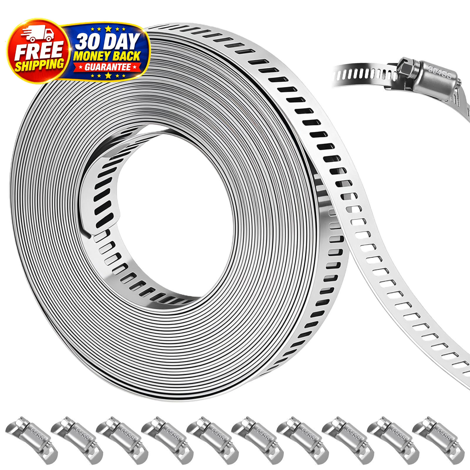 16 FT DIY Hose Clamps Assortment Kit,304 Stainless Steel Silver