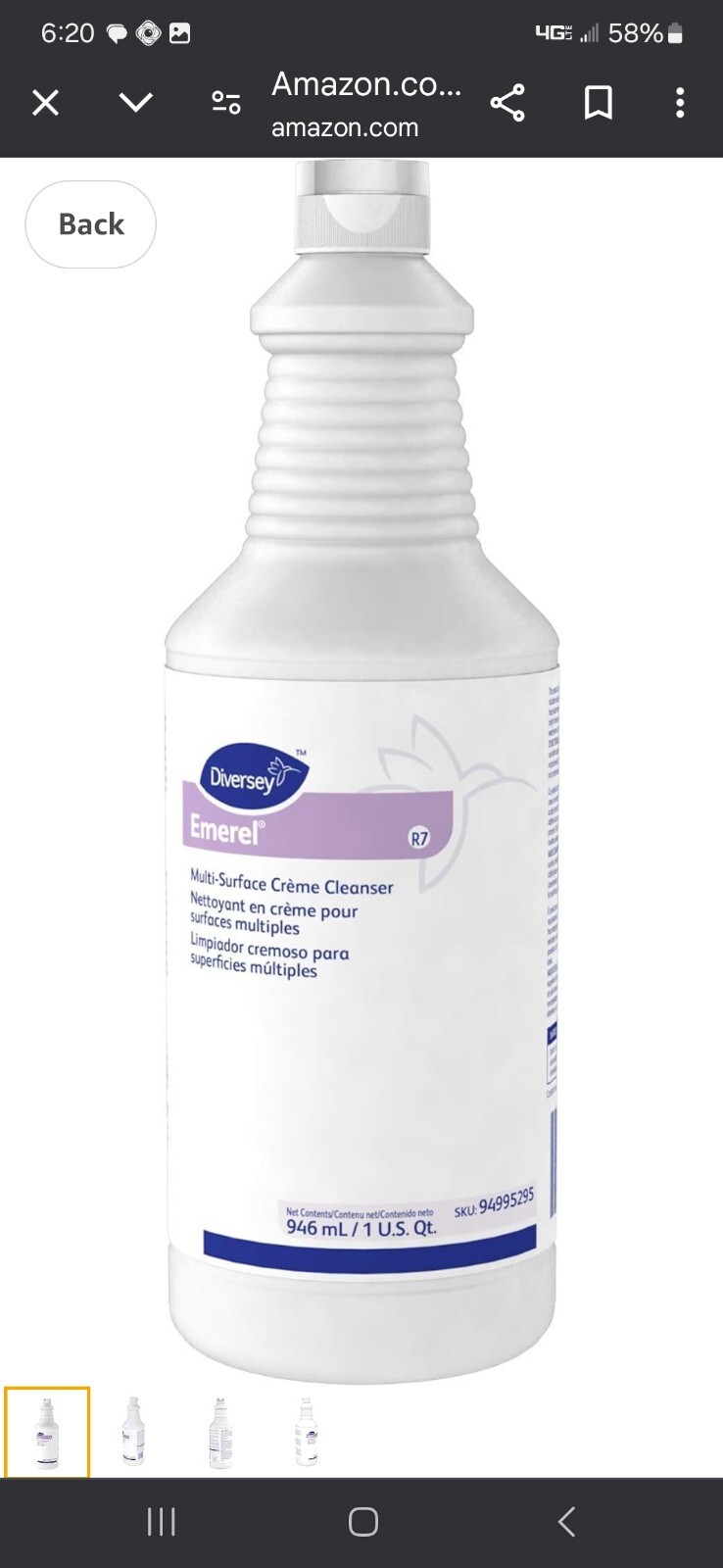 Diversey 94995295 32 oz Emerel Multi-surface Creme Cleanse 32 0z Bottle.