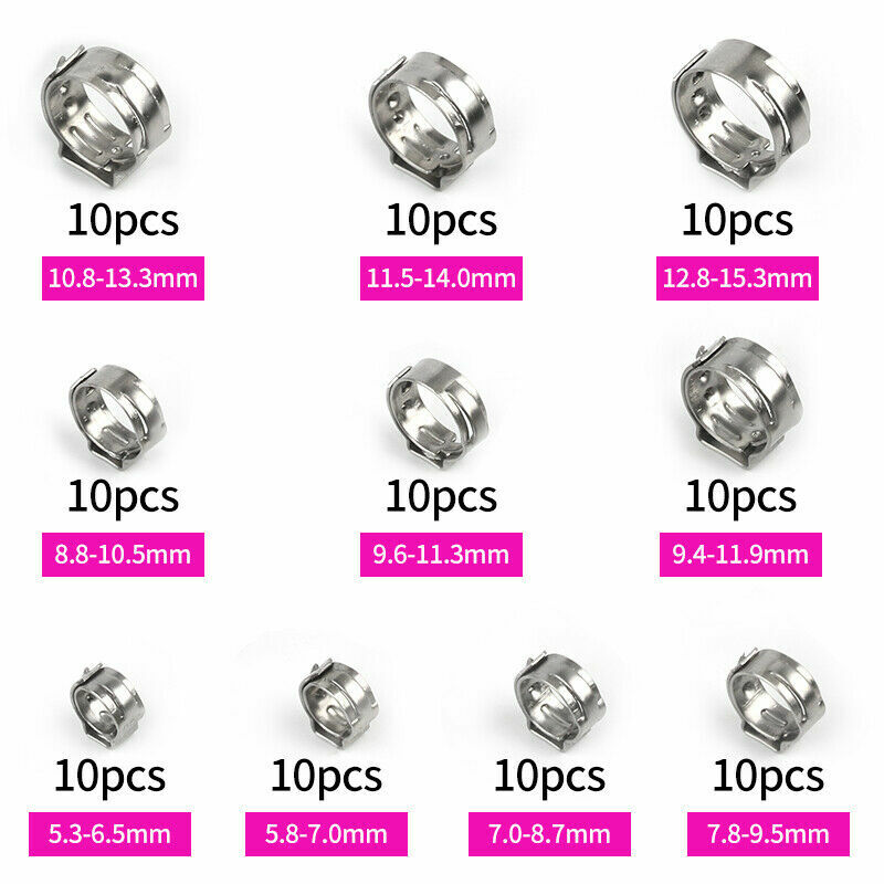 100PCS Assortment Hose Clamps Kit Stainless Steel Ear Cinch Ring Crimp Pinch Set