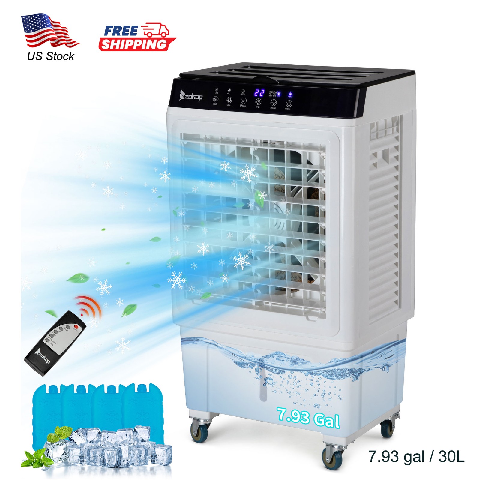 Portable Air Conditioner Fan Evaporative Cooler 2400CFM Swamp Cooler Remote 30L