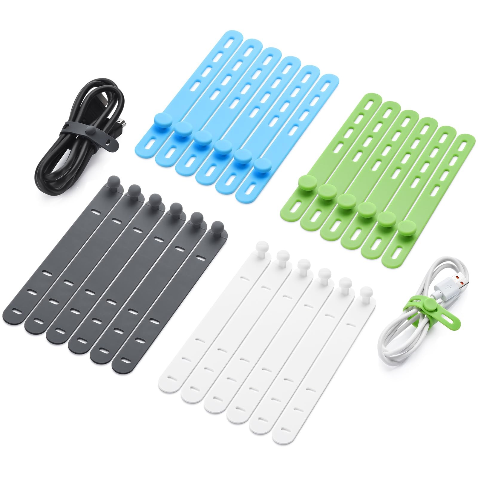 24 Pcs Silicone Cable Ties, Cord Organizer 0.5*5in, White/Gray/Green/Blue