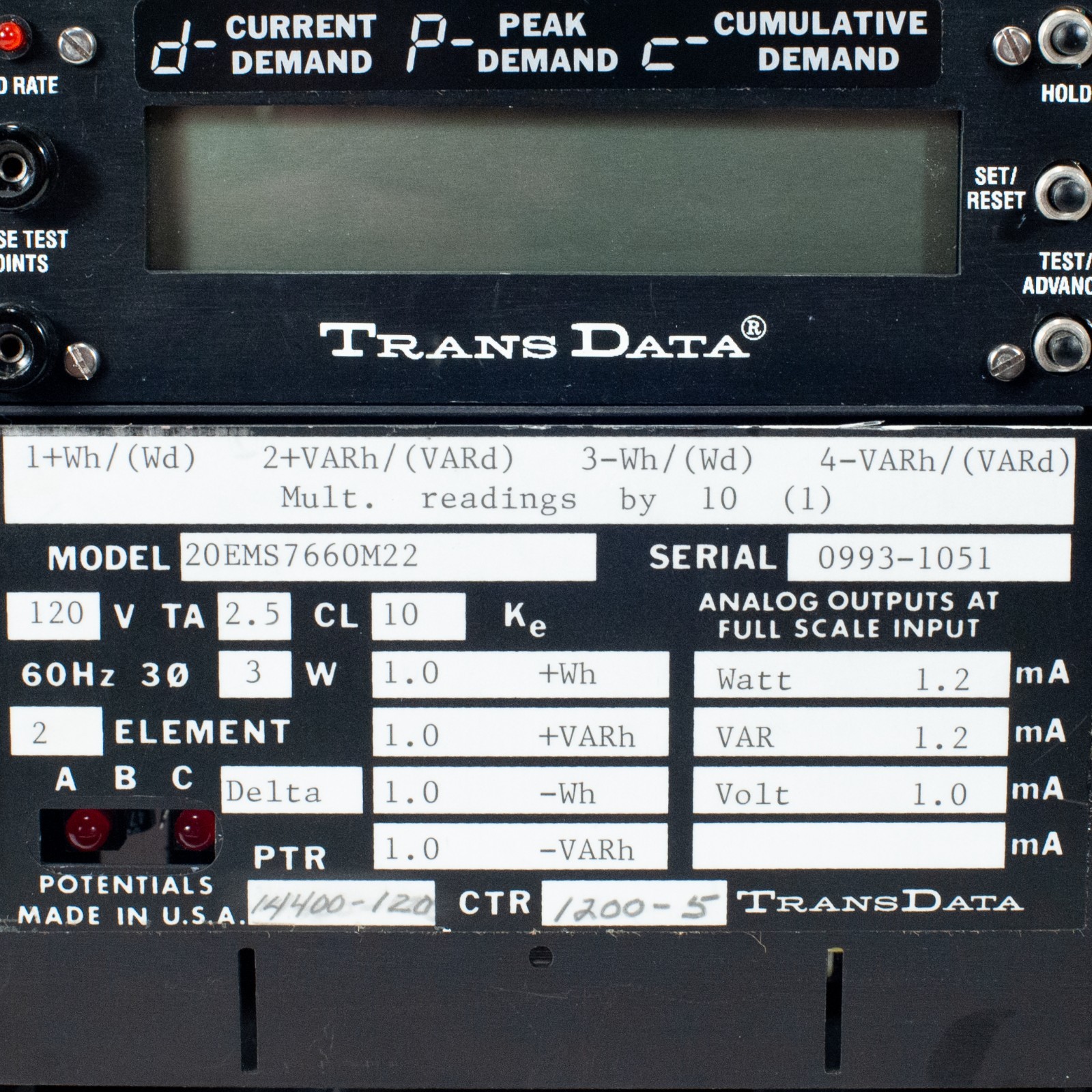 TRANSDATA 20EMS7660M22 Power Meter 120v / 60Hz – Untested but 100% guaranteed