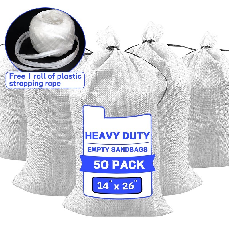 White polyethylene woven sandbags, 14 x 26 in (pack of 50)+ 1 roll of tie straps