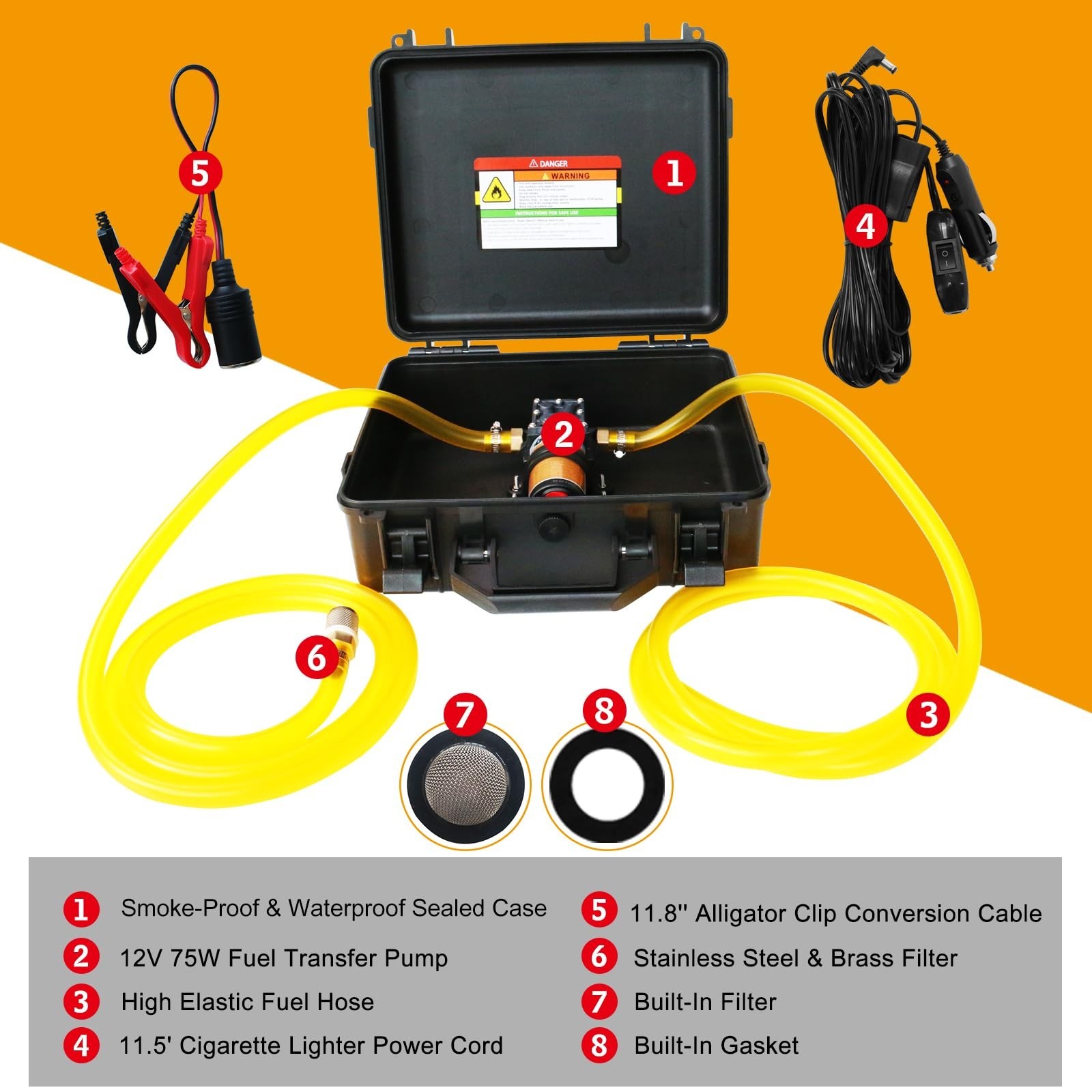 12V 75W Gas & Diesel Fuel Transfer Pump Kit, 110GPH, Includes Fuel Pipe & Cables