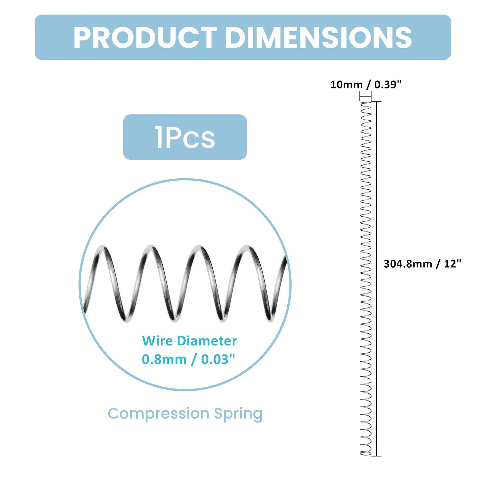 1Pcs Compression Spring 10mm OD x 0.8mm Wire x 304.8mm Length