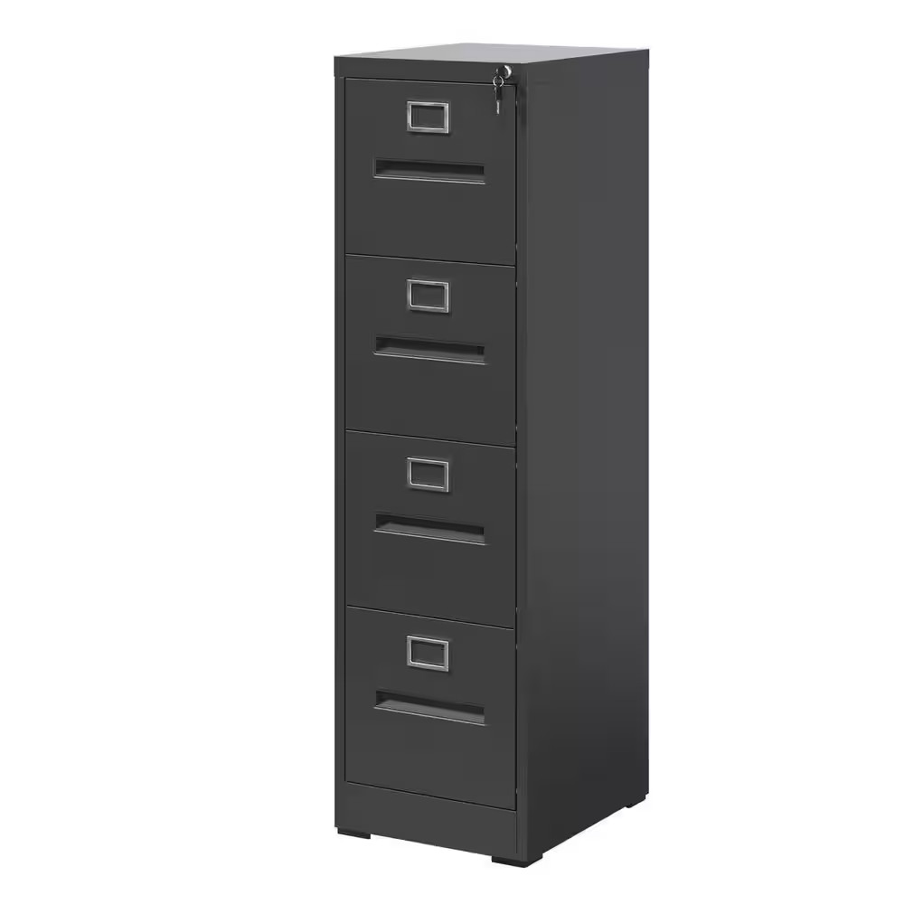 17.72 In. W 4 Drawer Steel File Cabinet with Lock, Black Filing Cabinets, Modern