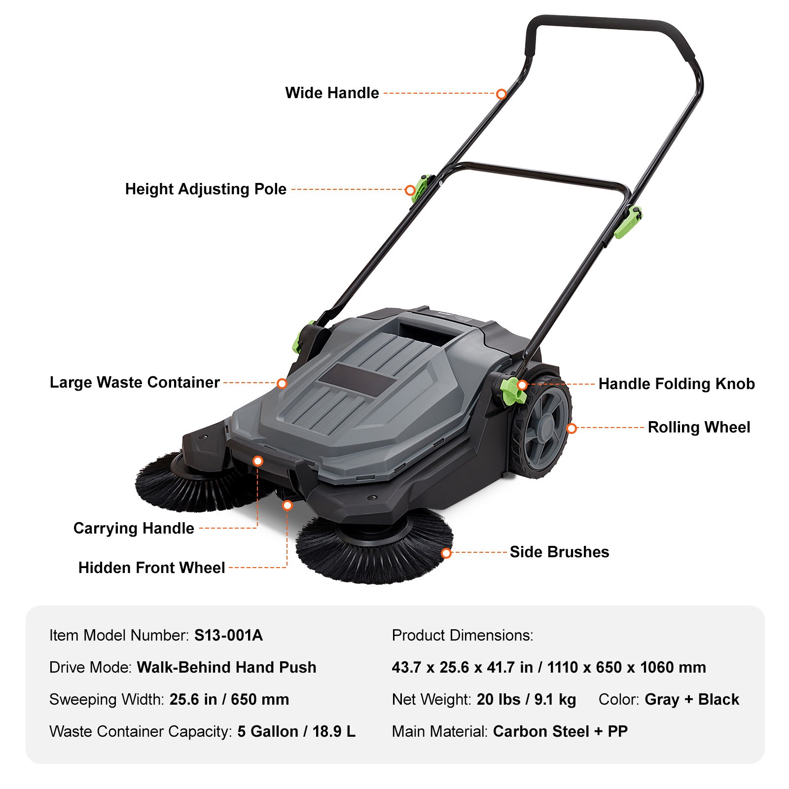 VEVOR Walk-behind Hand Push Floor Sweeper 25.6″ Width 5 Gallon Waste Container