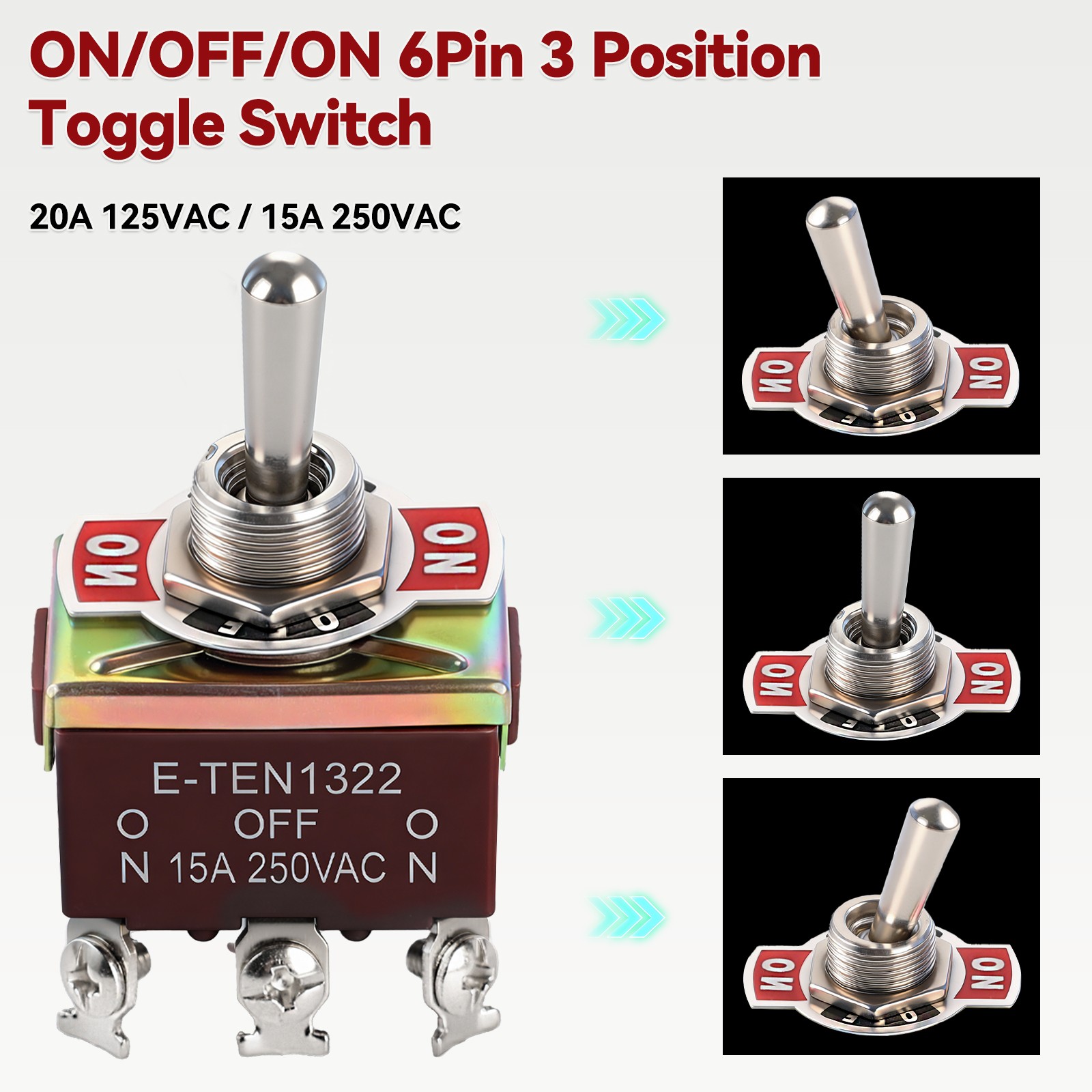 5x Heavy Duty Switch Toggle 15A ON/OFF/ON 250V 20A 125V Metal Bakelite 6Pin DPDT