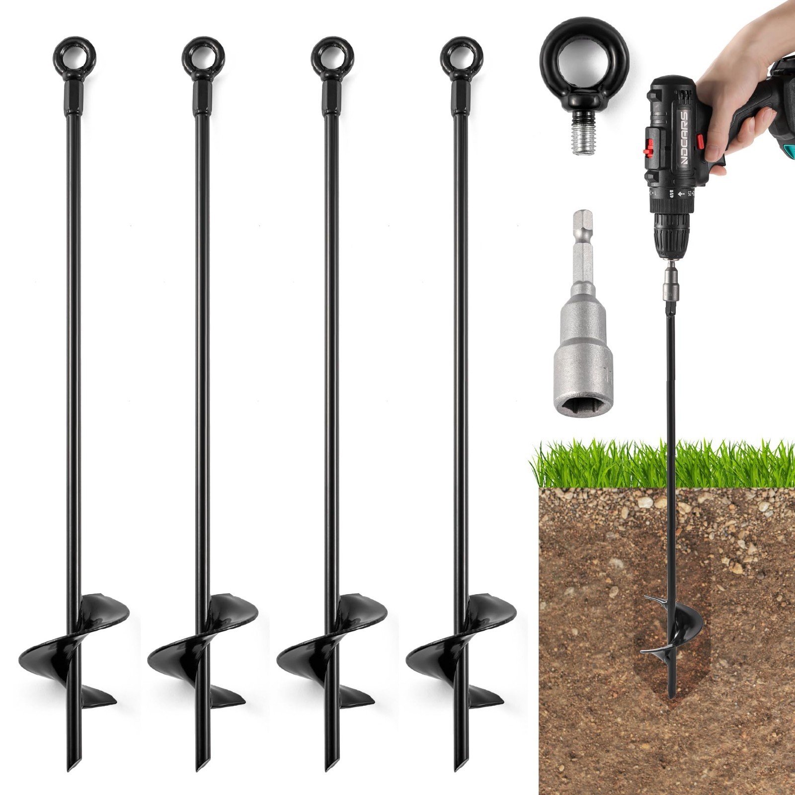 18” Ground Anchors Screw in Tent Stakes- Solid Steel & 3 inch Helix Blades-SALE