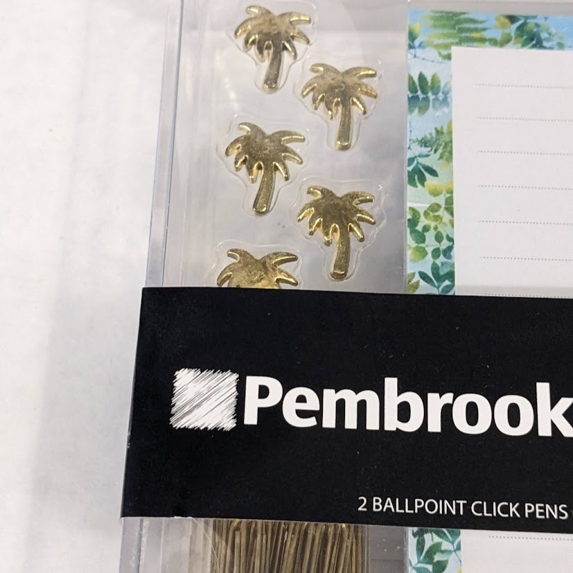 Pembrook Desk Accessories Assortment Tropical Palm Gold Pens Notepad Clips Set