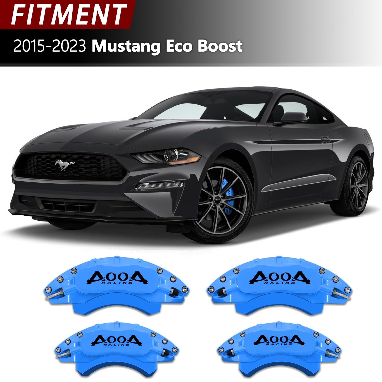 Aluminum Light Blue Caliper Covers w/ Black Lettering 15-23 Mustang EcoBoost
