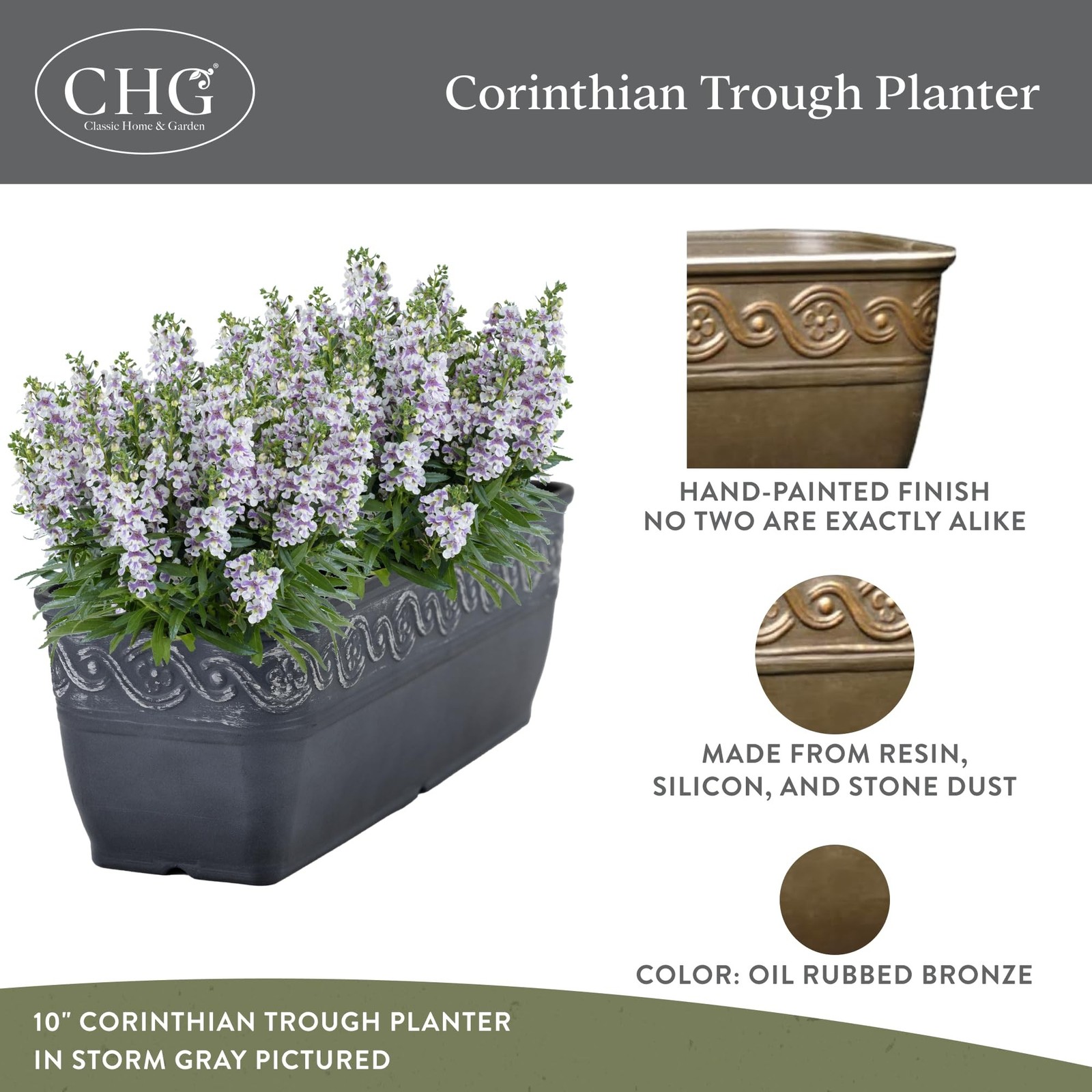 Classic Home and Garden Corinthian Trough Planter, 10″, Bronze, Pack of 3 10′