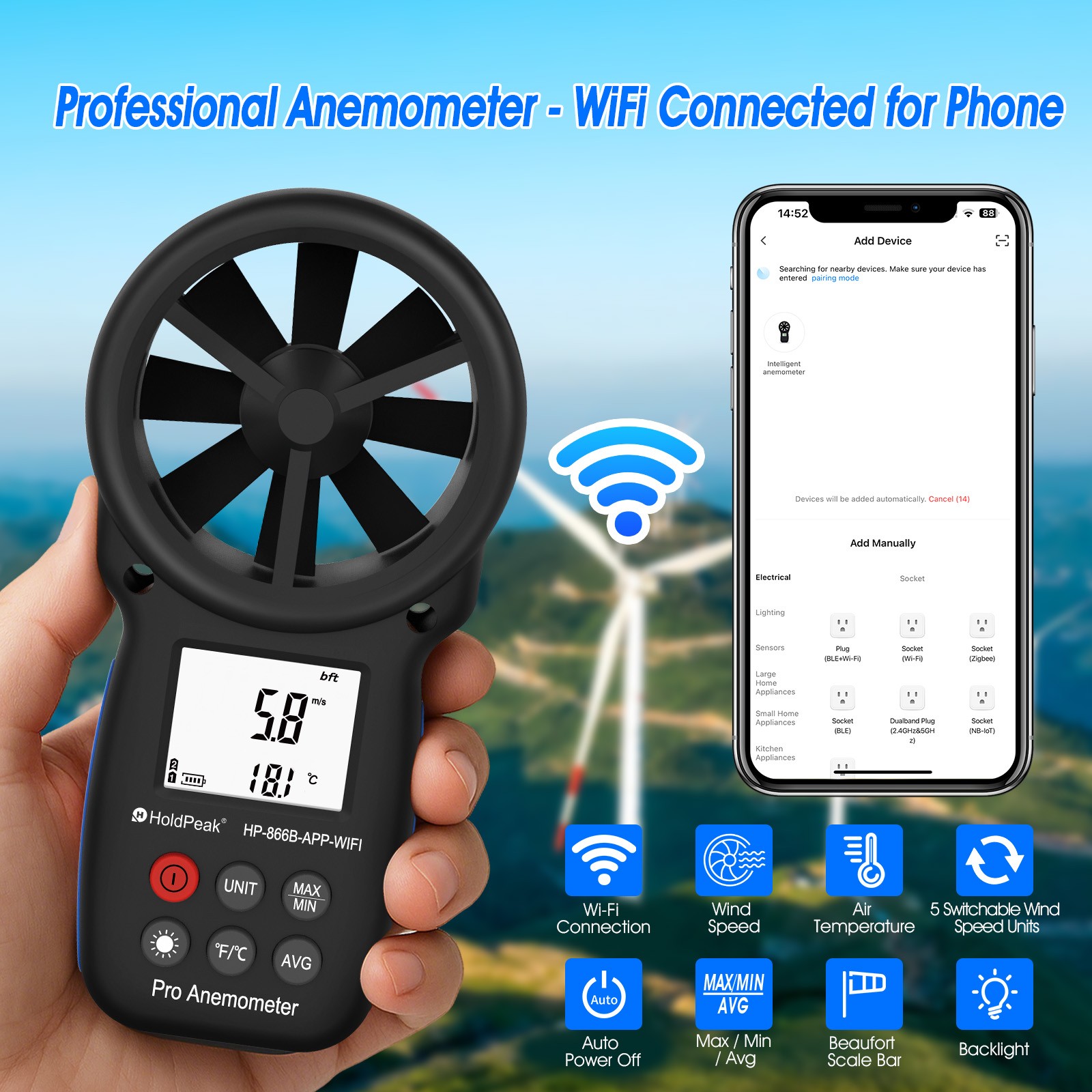 WiFi Smart Anemometer Tuya APP Wind Speed & Temp Meter Max/Min/Avg Air Flow