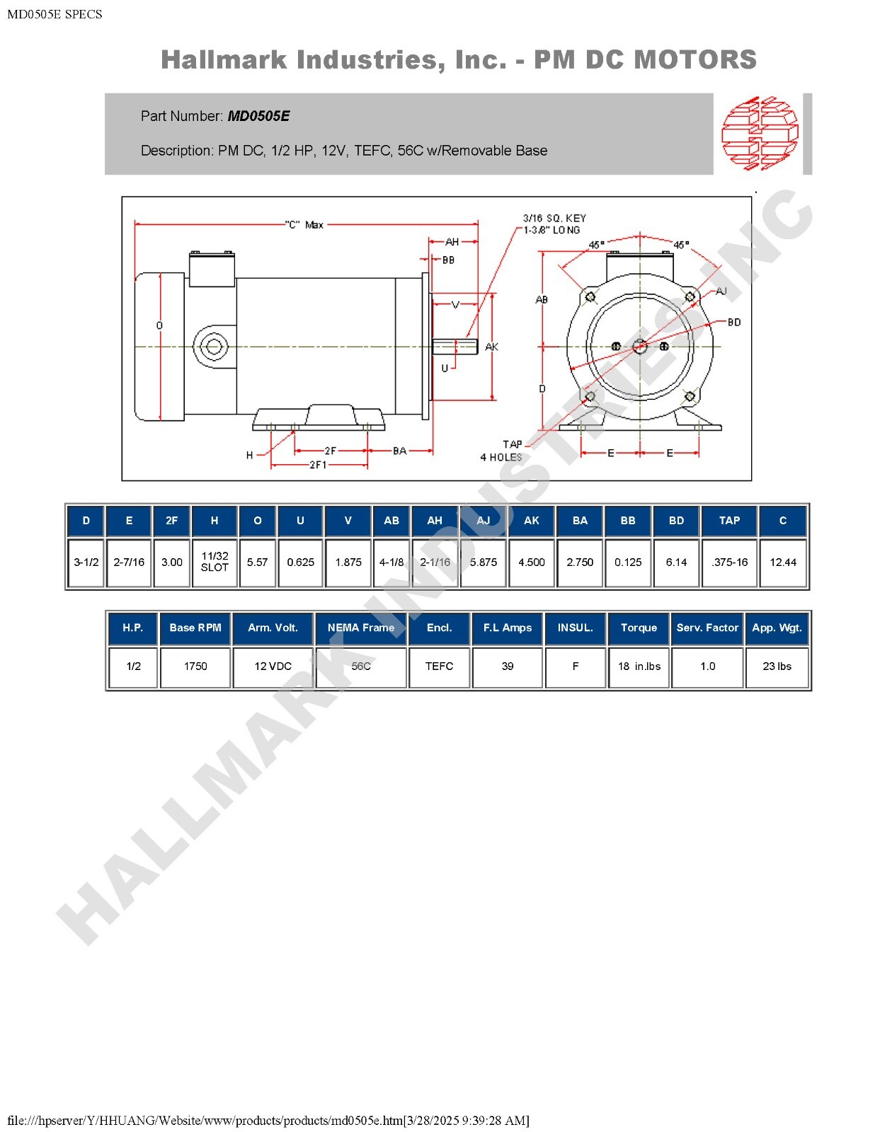 DC MOTOR, 1/2HP, 56C, 12V, 1750RPM, TEFC, Hallmark Industries, MD0505E