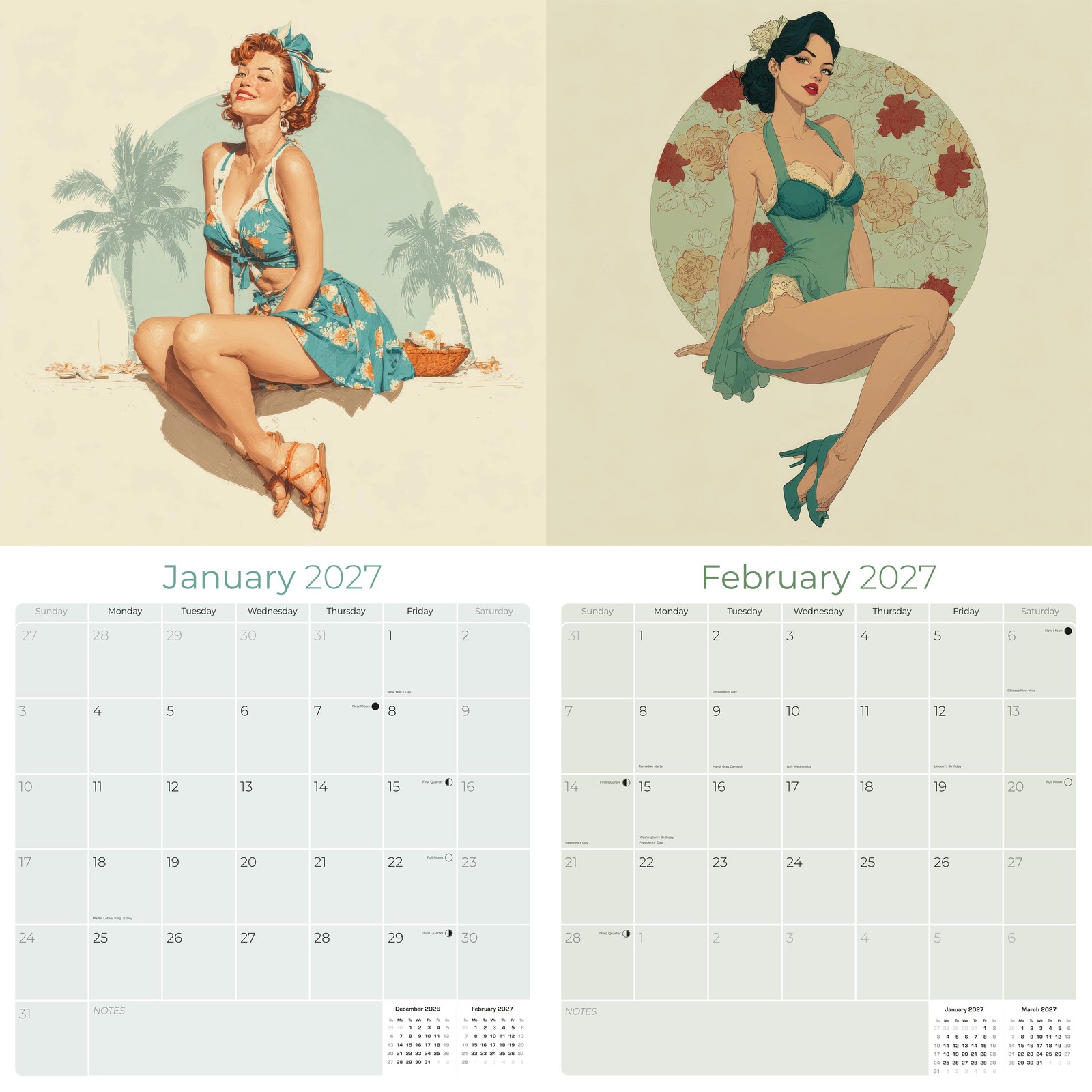 Classic Pin Up 2027 Wall Calendar with Bonus Months 12×12 Retro Art Gift Decor
