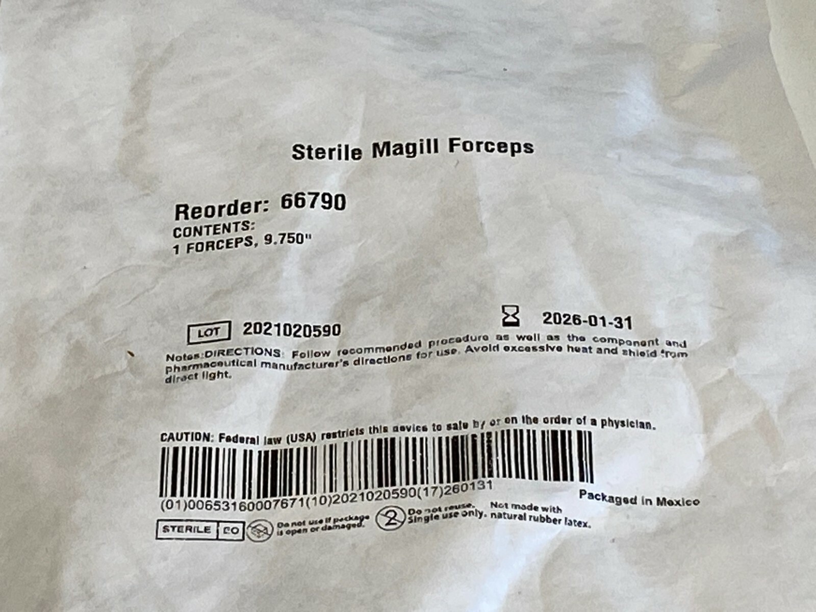 M48: Lot of 5 Centurion Magill Forceps Adult-ref 66790 Exp.2025 Exp.01-2026