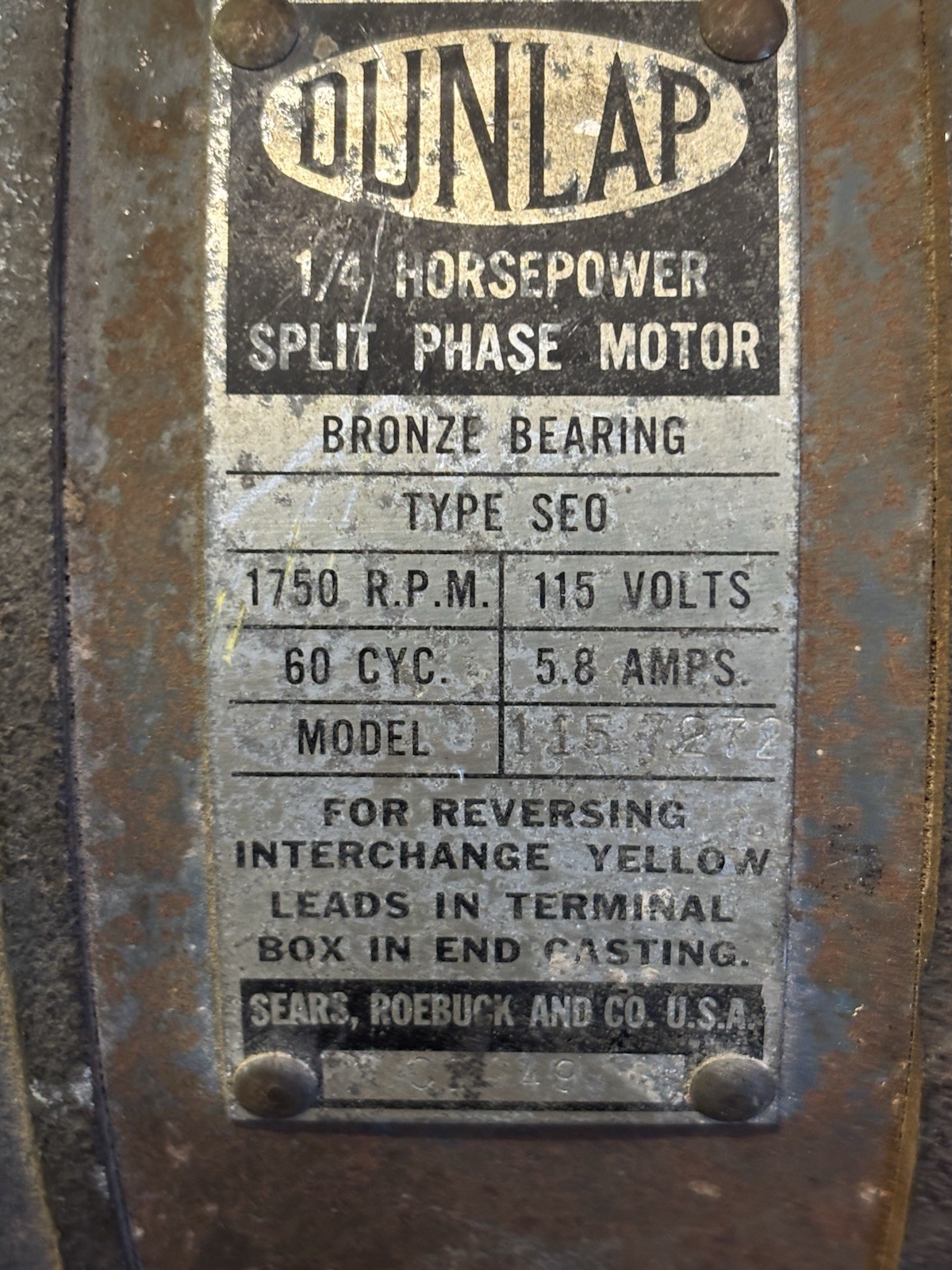 Dunlap 1/4 HP Electric Motor 1157272 Split Phase Reversible 1750 RPM 115 volts