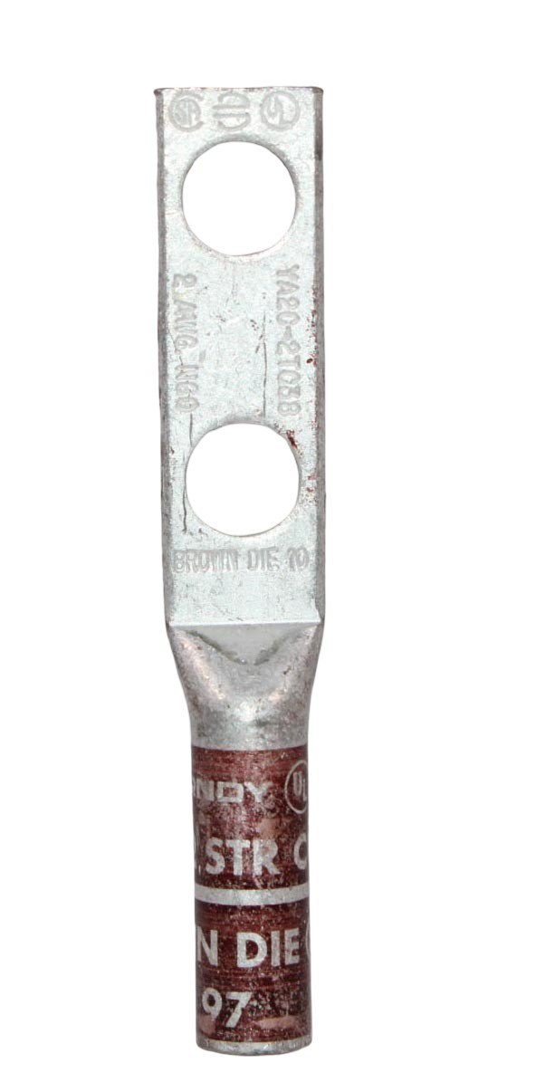 Burndy YA2C‑2TC38 Copper Compression Lug 2 AWG 2‑Hole 3/8″ Stud Tin‑Plated Hylug