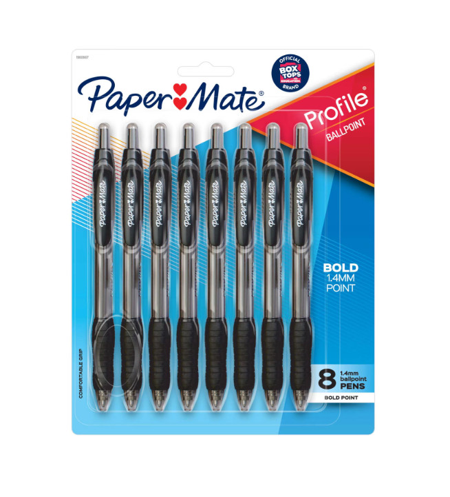 Paper Mate Profile Retractable Ballpoint Pens, 1.4 mm Bold Point, Black, 8 Count