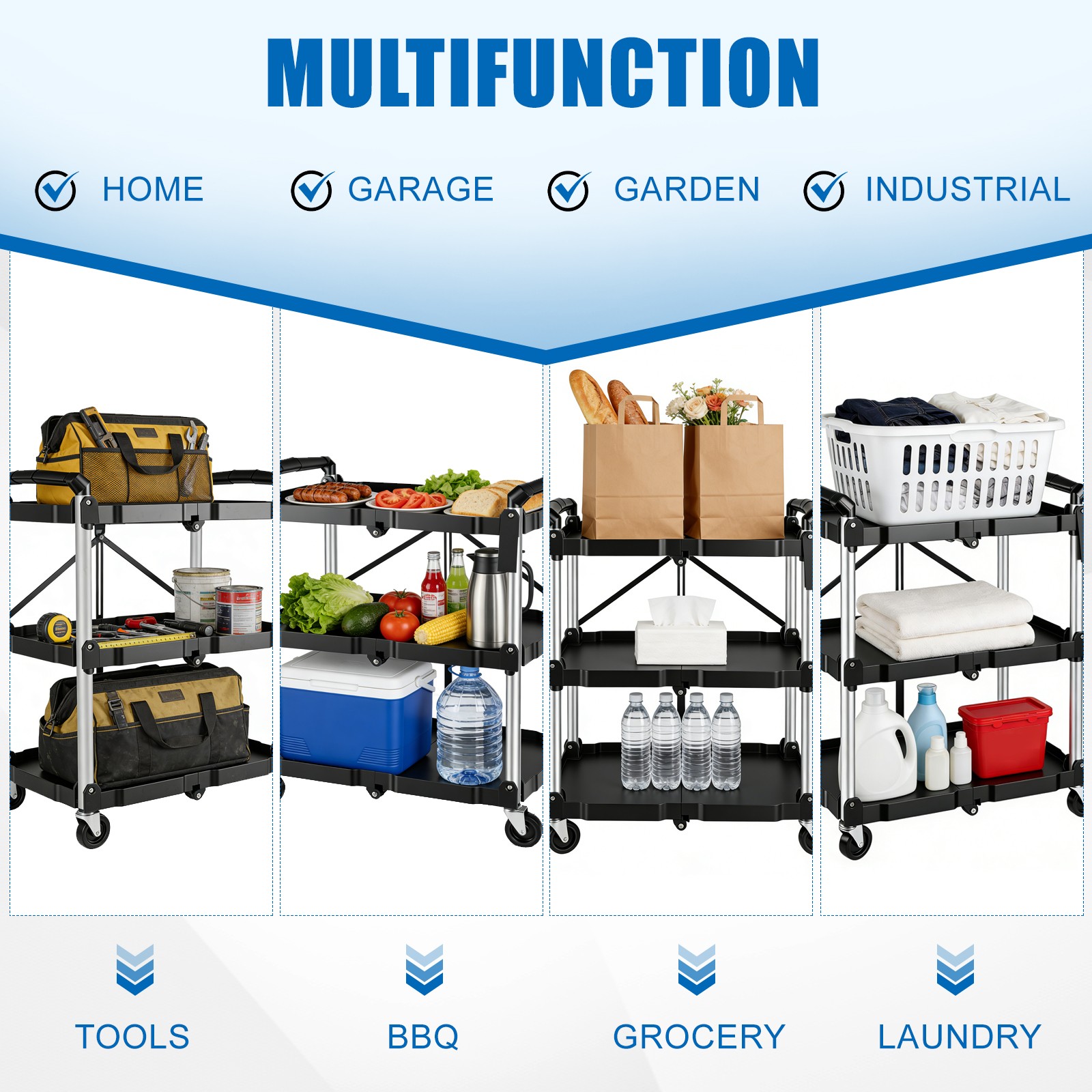 Folding Collapsible Utility Service Cart 3 Shelf 150LB w/ Swivel Lockable Wheels