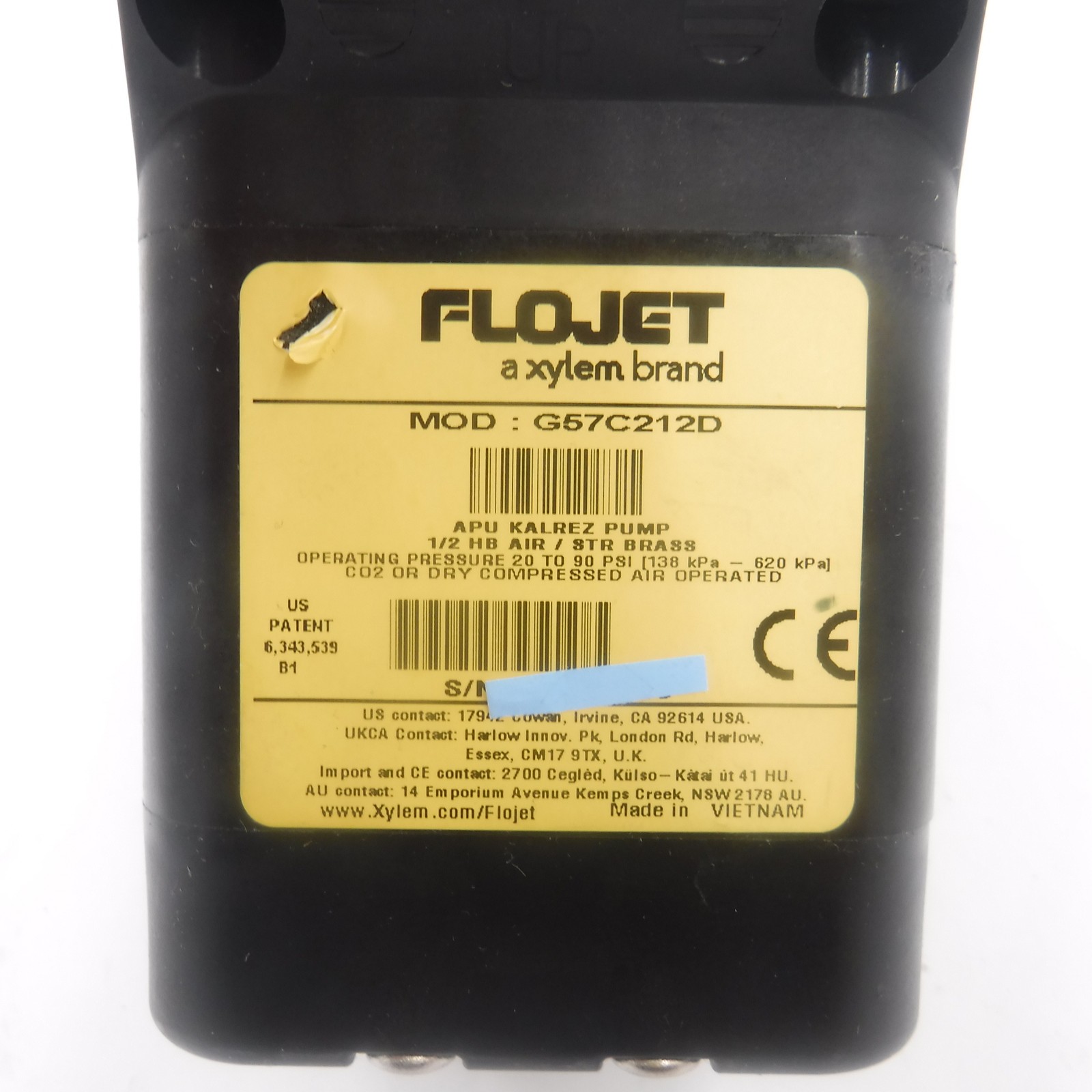 Flojet G57C212D Air Operated Kalrez Diaphragm Pump 5 GPM 1/2 HB 100 psi