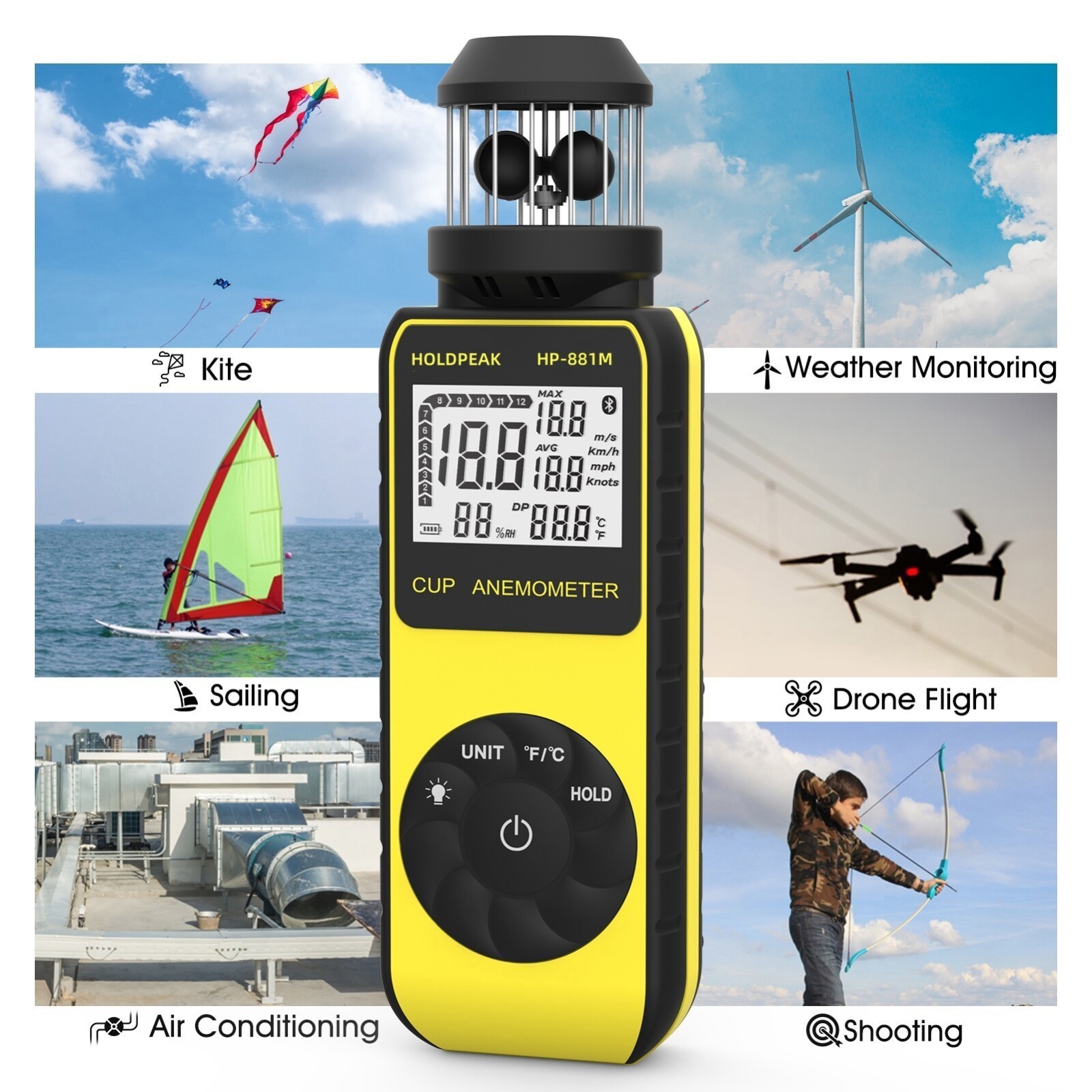 Cup Anemometer, Wind Speed/Temp, 5 Units Backlight Data Hold Max/Avg, Air Flow