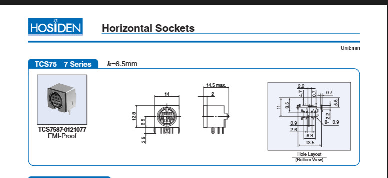 QTY (10) 7 PIN SHIELDED MINI-DIN RECEPTACLES TCS7577-01-608 HOSIDEN