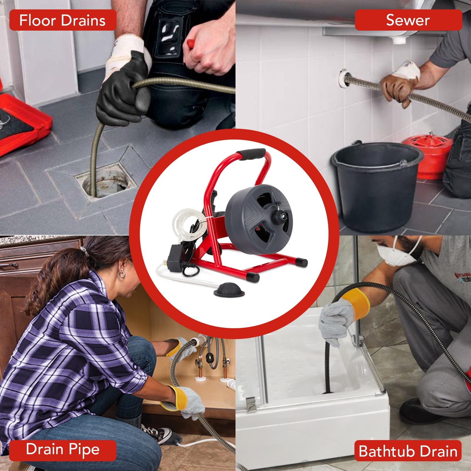 NEW,50FT x 5/16″Drain Cleaner Machine, Sewer Snake Auger Auto Feed with 6 Cuttes