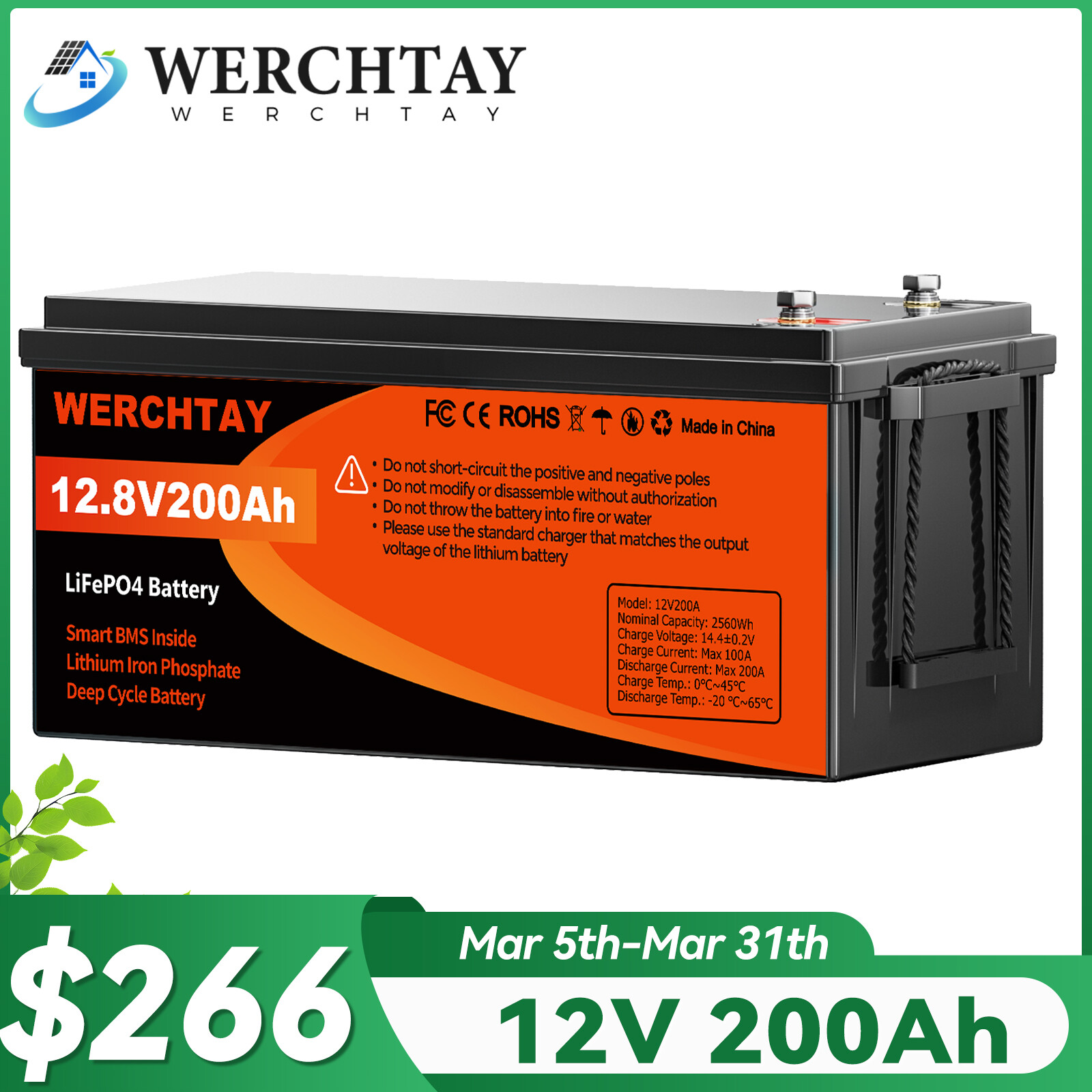 12V 200AH LiFePO4 Deep Cycle Lithium Battery BMS for Solar Panel RV Off-grid US