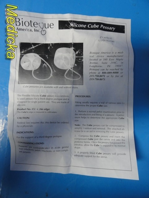 Lot of 2 Bioteque Silicone Cube Pessary CU45D #5 & CU75D #9 | With Drain ~ 38825