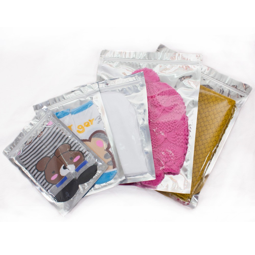 Variety of Sizes for 100 PCS Flat Clear/Silver Metallized Foil Resealable Bags