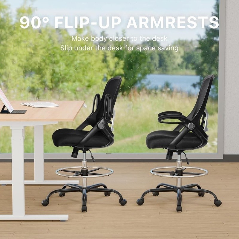 Drafting Chair High Back Ergonomic Stool Adjustable Footrest Flip Up Arms Mesh