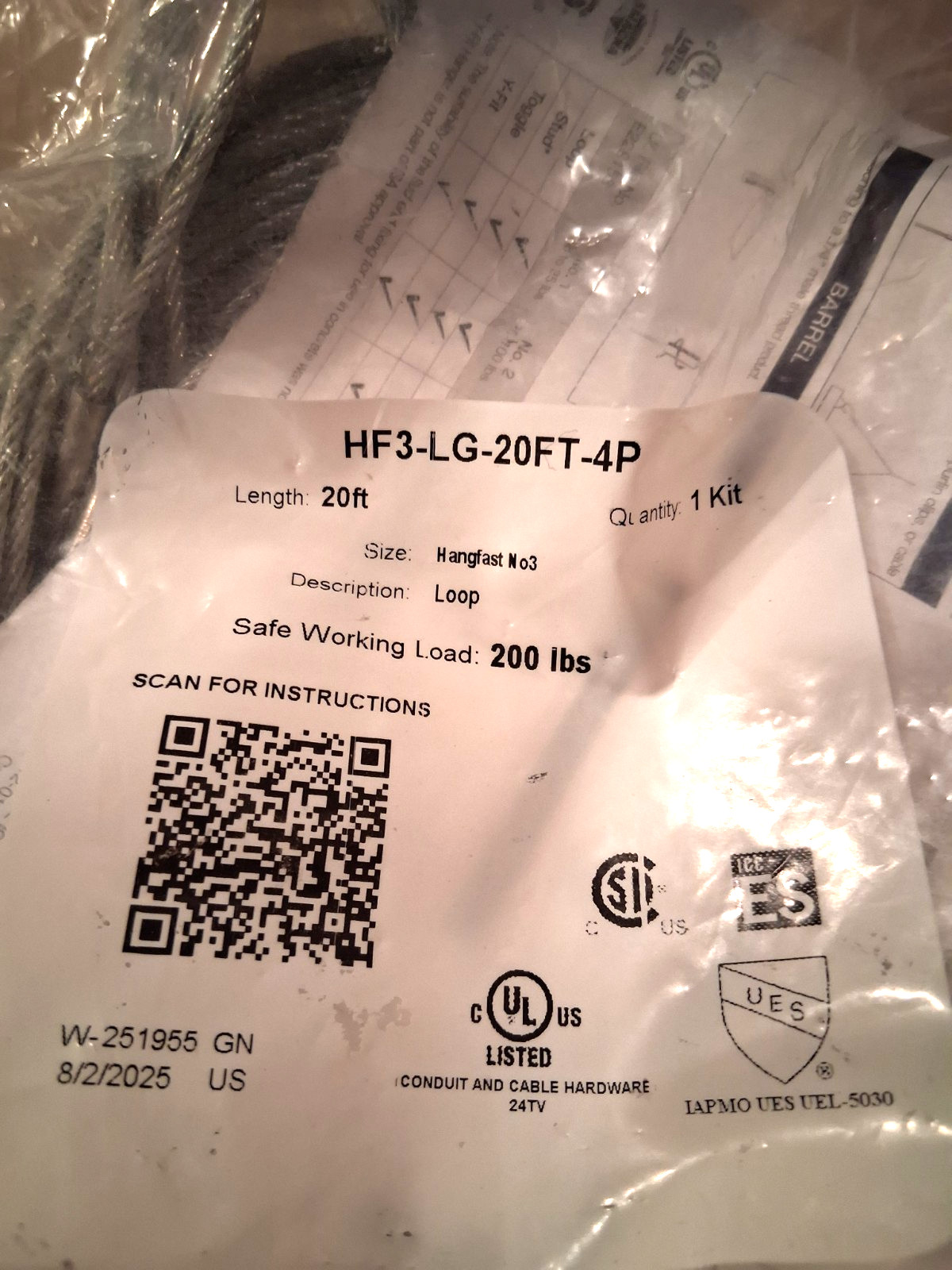 NEW Gripple HF3-LG-20FT -4P Standard Hanger Loop End #3 200LB