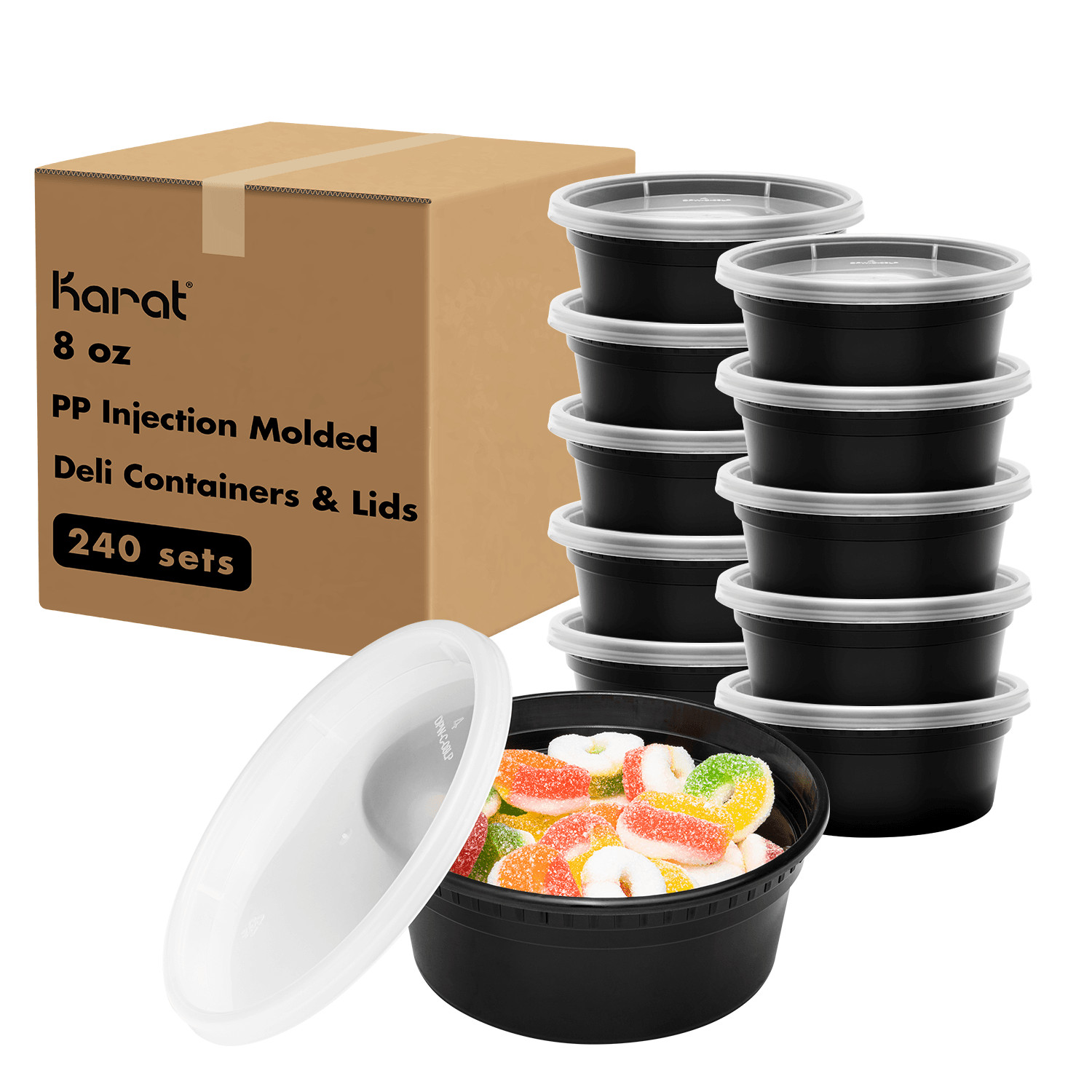 Karat 8 oz Black PP Injection Molded Round Deli Containers with Lids – 240 Sets