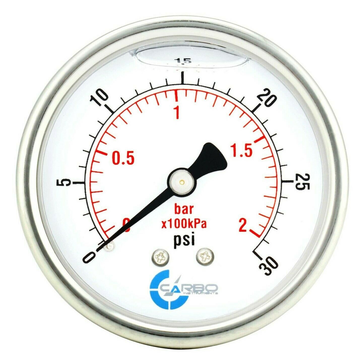 2″ Pressure Gauge, Stainless Steel Case, Liquid Filled, Back Mnt, 30 Psi