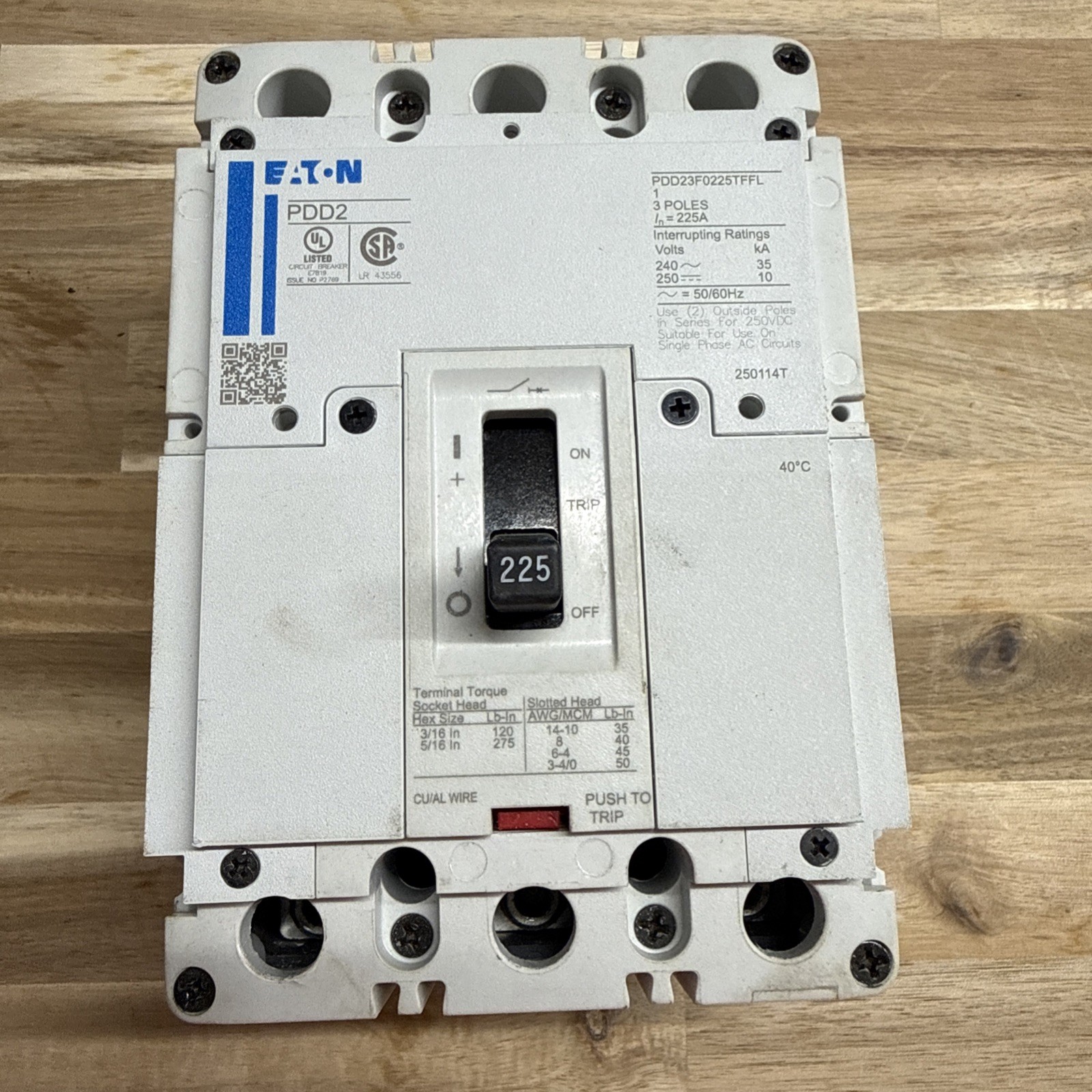 Eaton 225 Amp PDD23F0225TFFL 3 Pole Circuit Breaker Used