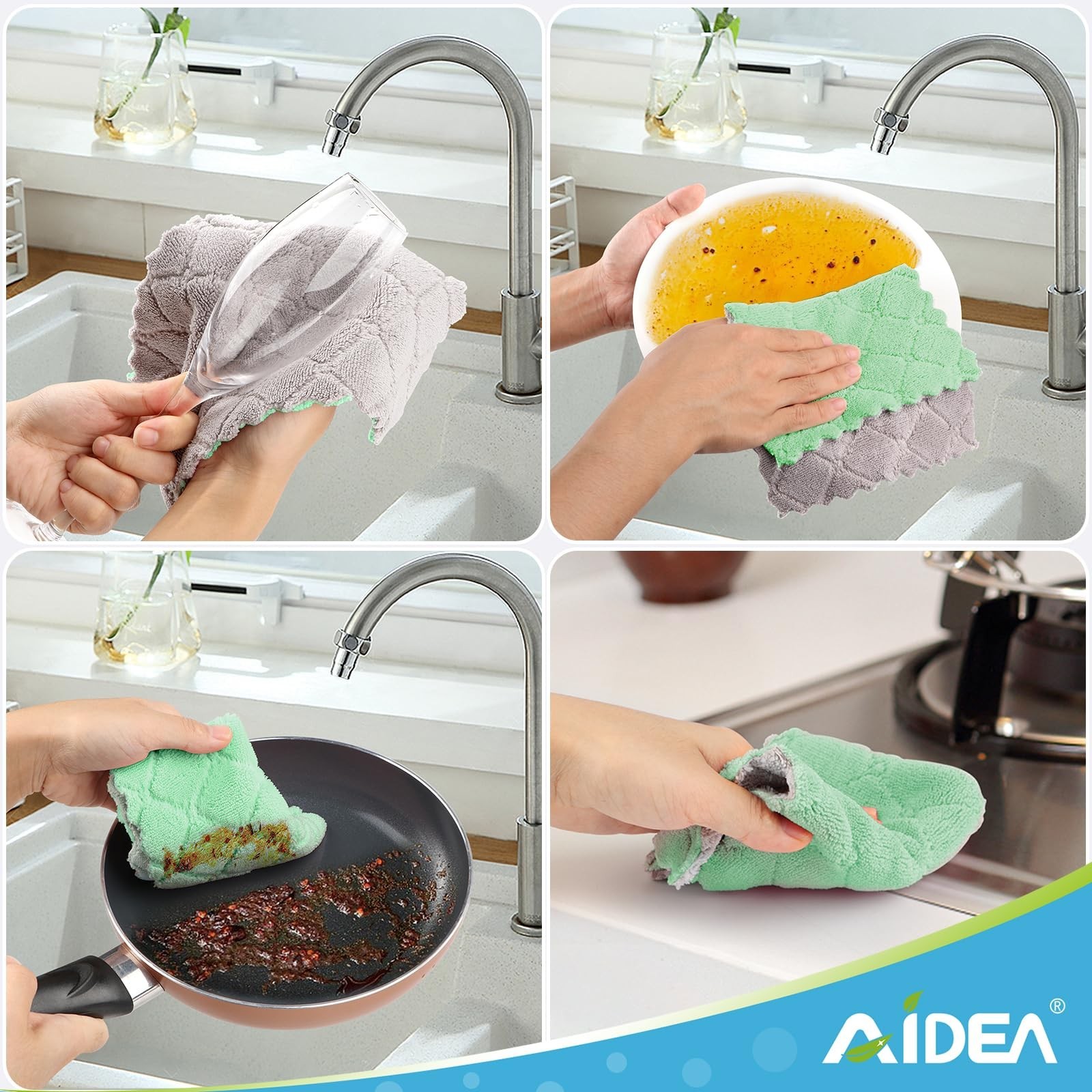 AIDEA Kitchen Towels, 12 Pack Absorbent Coral Fleece Dish Towels, No Odor Reu…