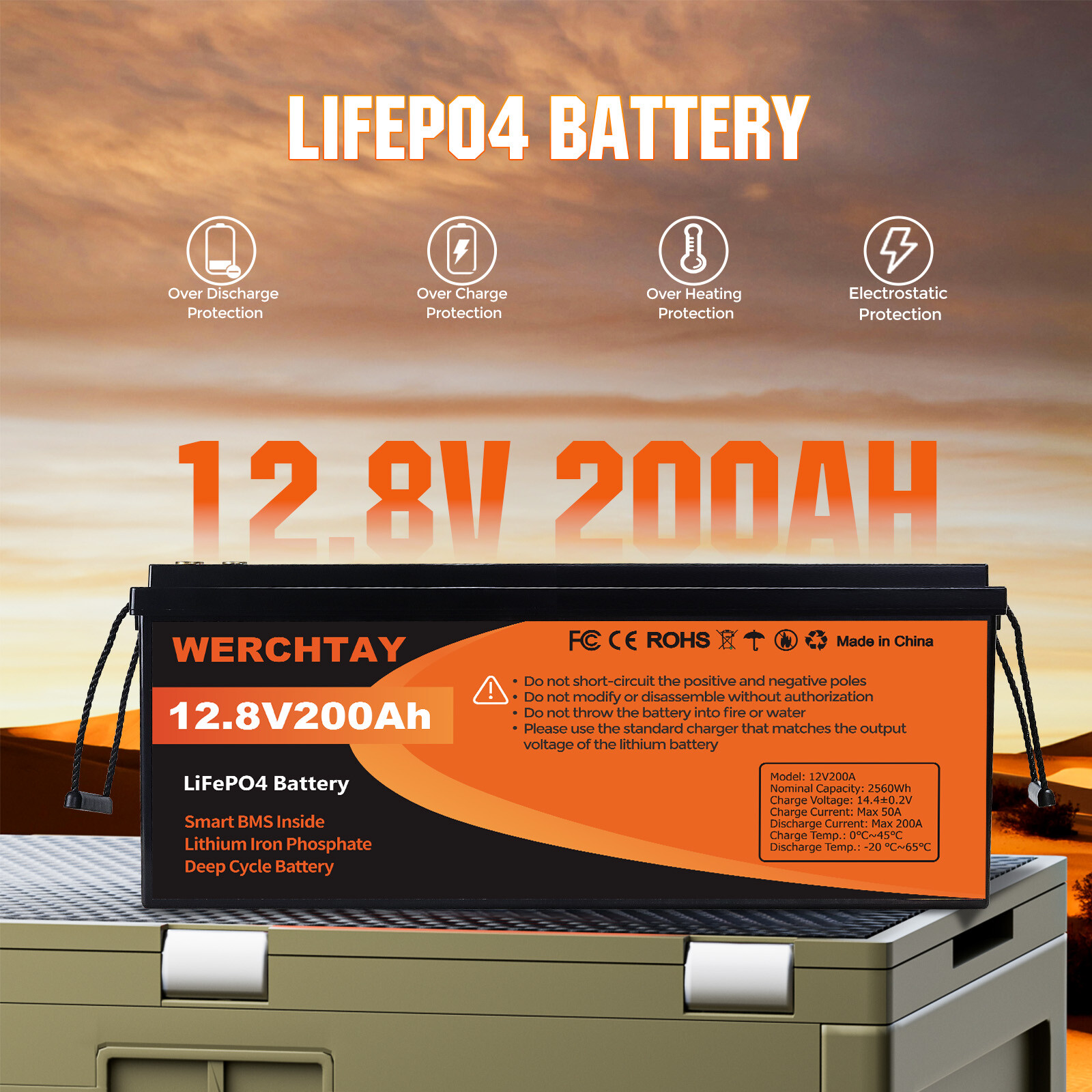 12V 200Ah LiFePO4 Lithium Battery Deep Cycle w/ 200A BMS for Solar RV Off-grid