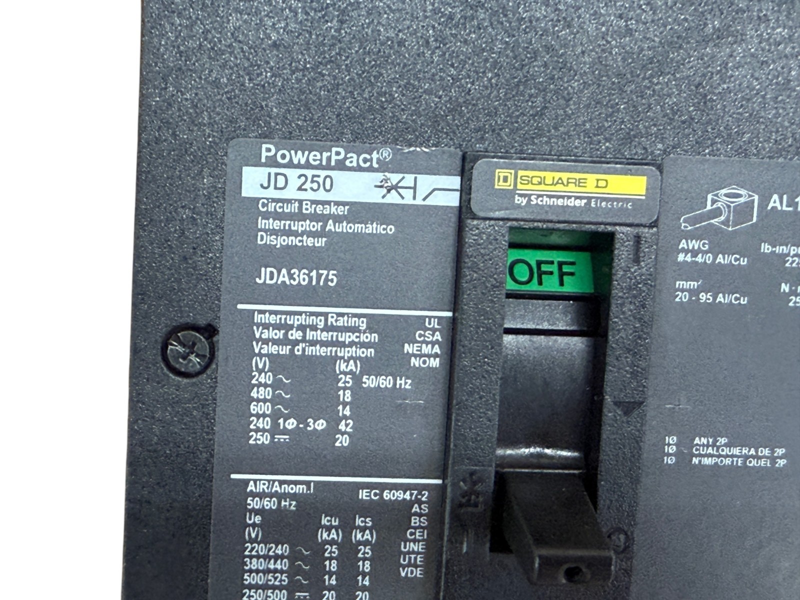 SQUARE D JDA36175 175A 3-PHASE 3-POLE 600V I-LINE POWERPACT J CIRCUIT BREAKER