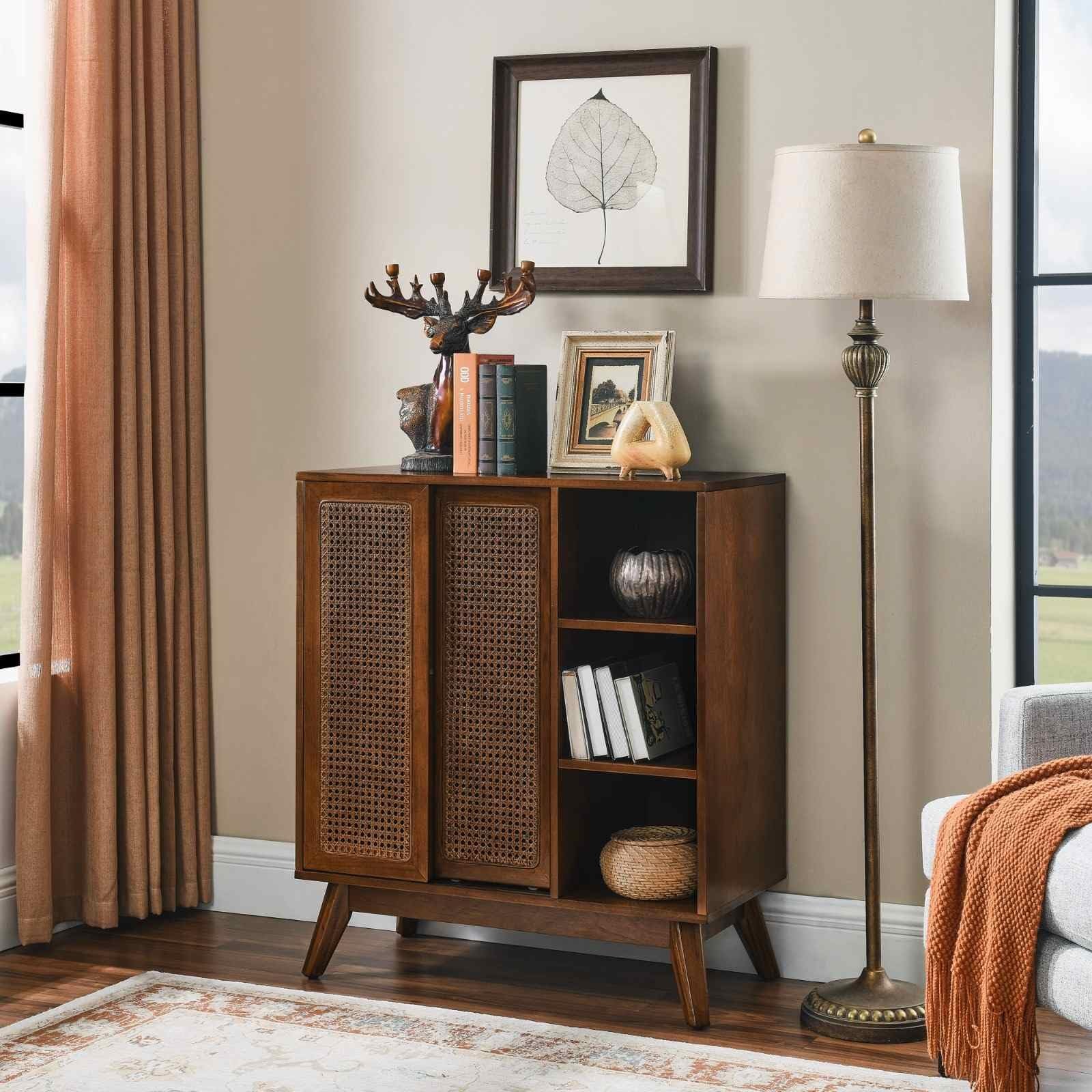Mid-Century Storage Cabinet Sliding Rattan Doors 36″H Wood Open Shelves Walnut