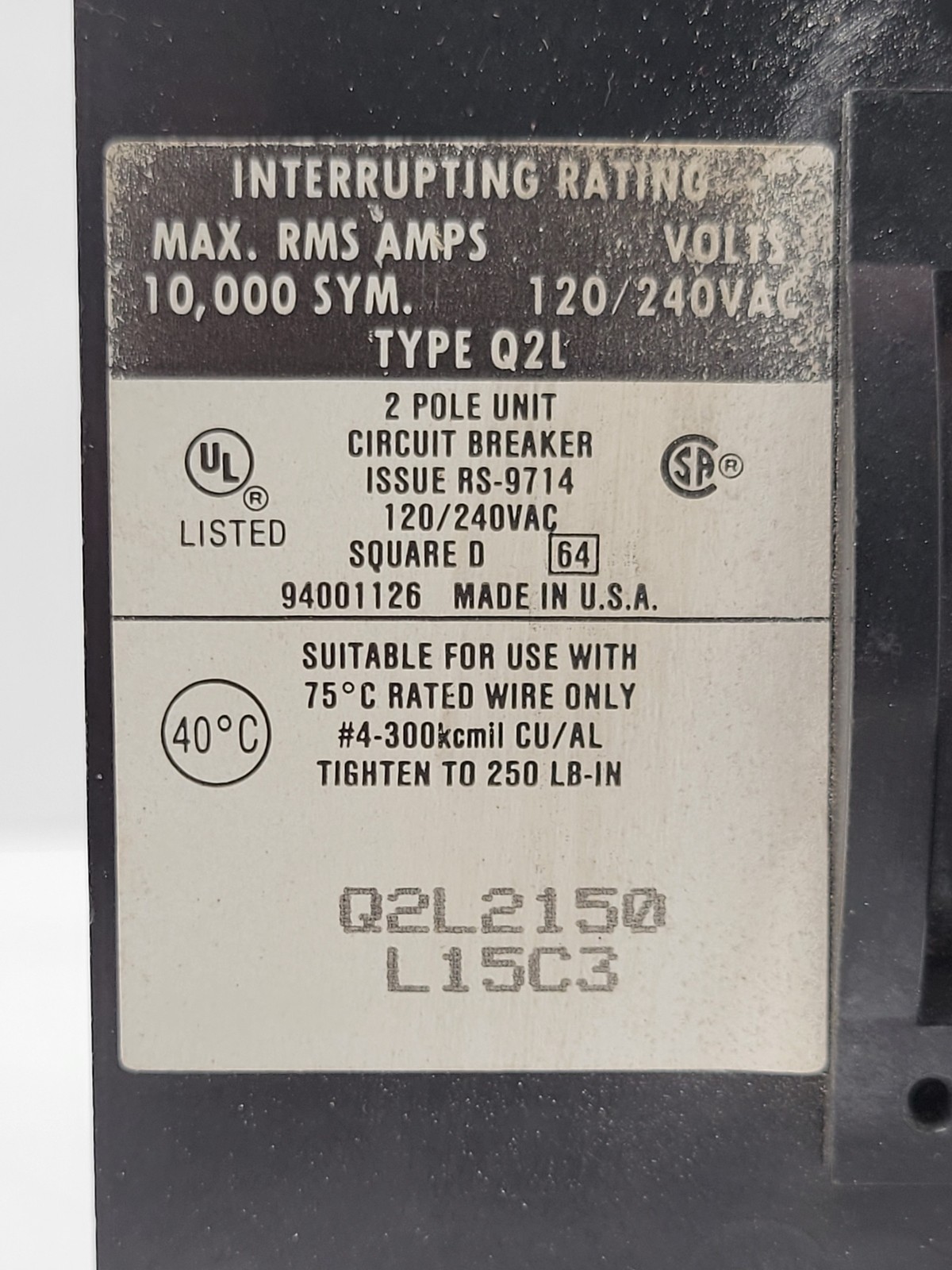 Square D Q2L2150 Circuit Breaker 150A 2P 120/240V Q2L Bolt On Mounting Hardware